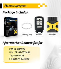 DIY Programming Car Key Uncut Keyless Entry Remote Start Replacement for 2016-2019 Honda Civic/Pilot with FCC: KR5V2X