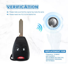 Car Key Fob Replacement for 2005-2007 Chrysler 300 2007-2016 Compass 2008-2011 Avenger Keyless Entry 315MHZ OHT692427AA   KR-D3SA-10