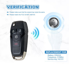 Flip Remote Keyless Entry Remote Fob Replacement for 2013-2016 Fusion N5F-A08TAA 315Mhz  KR-F4SE-10