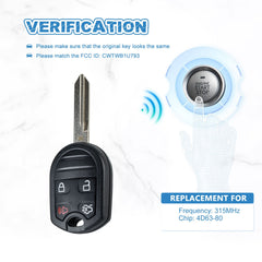 80 BIT Car Key Fob Keyless Entry Remote Start Replacement for 2006-2012 Escape 2005-2011 Grand Marquis 2007-2012 MKZr 315MHZ CWTWB1U793  KR-F4SB-05