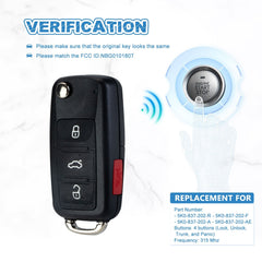 4 BTN Keyless Entry Remote Control Car Uncut Blade Flip Key Fob Replacement for 2011-2016 VW Jetta Passat Beetle 5K0-837-202-R / 5K0-837-202-F / 5K0-837-202-A / 5K0-837-202-AE  KR-V4SB