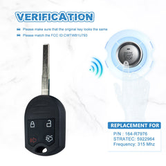 4 BTN Car Key Fob 315 MHz Replacement for 2011-2016 Ford Fiesta Keyless Entry Remote CWTWB1U793 164-R7976  KR-F4SD