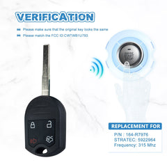 4 BTN Car Key Fob 315 MHz Replacement for 2011-2016 Ford Fiesta Keyless Entry Remote CWTWB1U793 164-R7976  KR-F4SD