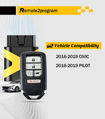 DIY Programming Car Key Uncut Keyless Entry Remote Start Replacement for 2016-2019 Honda Civic/Pilot with FCC: KR5V2X