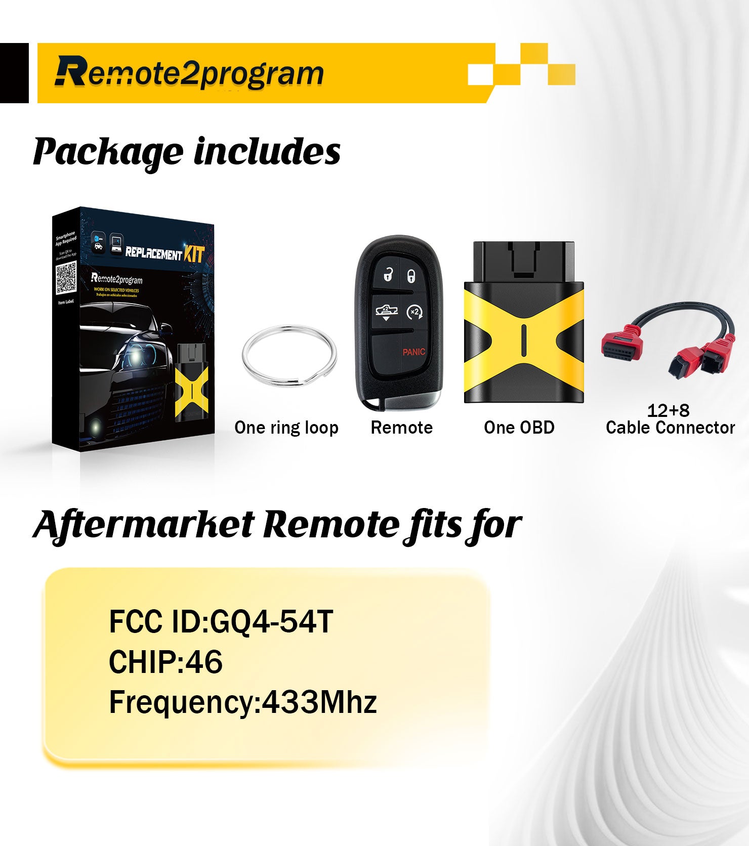 Smart Key Self Programmable Car Key/12+8 Cable Adapter and Keyless Entry Remote Replacement for 2018-2019 Dodge Ram 1500 2500 3500 with FCC: GQ4-54T