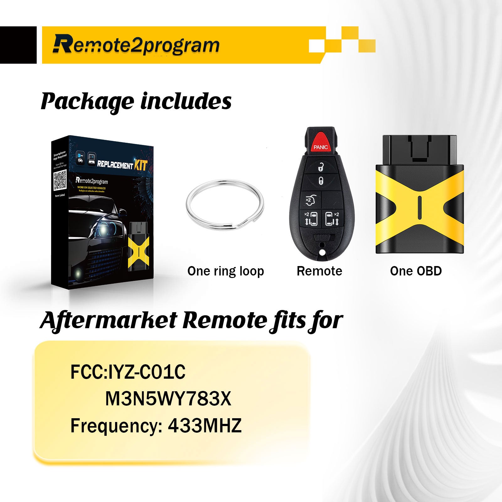 Bluetooth OBD for Car Key and Keyless Entry Remote Start Replacement for Dodge/Jeeep/Chrysler with FCC: IYZ-C01C or M3N5WY783X