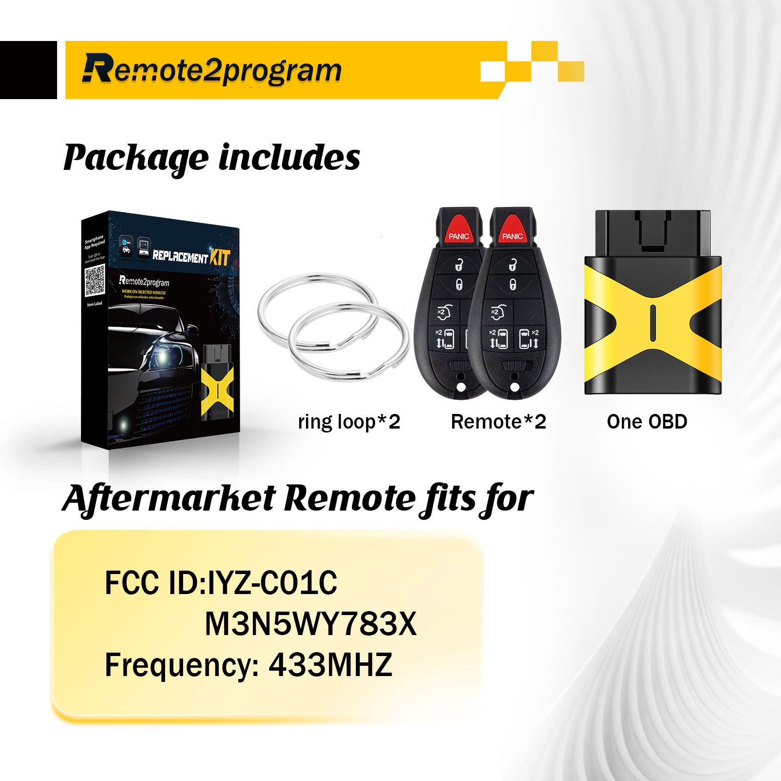 Bluetooth OBD for Car Key and Keyless Entry Remote Start Replacement for Dodge/Jeeep/Chrysler with FCC: IYZ-C01C or M3N5WY783X