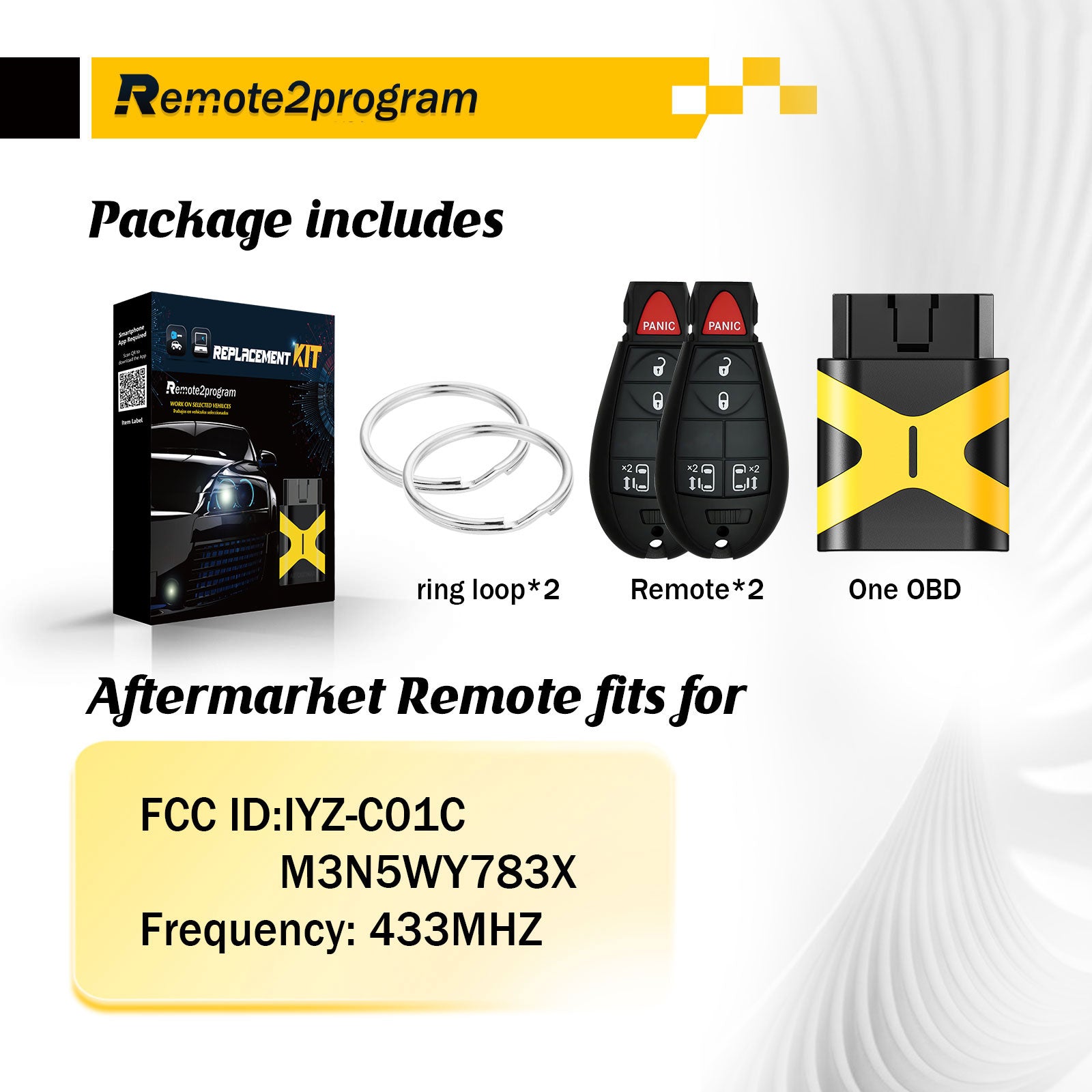 Bluetooth OBD for Car Key and Keyless Entry Remote Start Replacement for Dodge/Jeeep/Chrysler with FCC: IYZ-C01C or M3N5WY783X