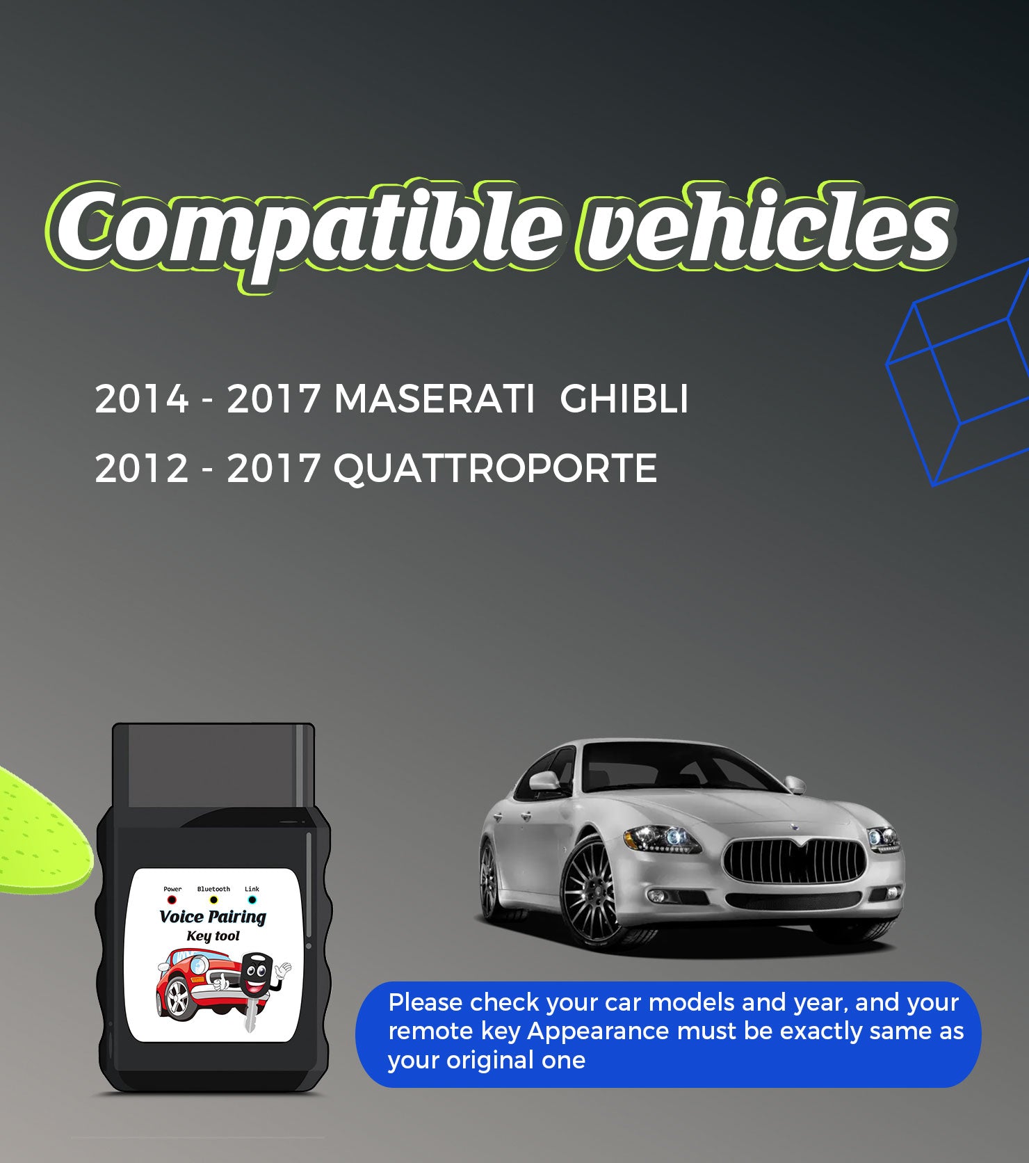 Smart Car Key DIY Voice Installer Device Keyless Entry Remote Replacemnt for 2014 - 2017 Maserati Quattroporte Ghibli M3N-7393490