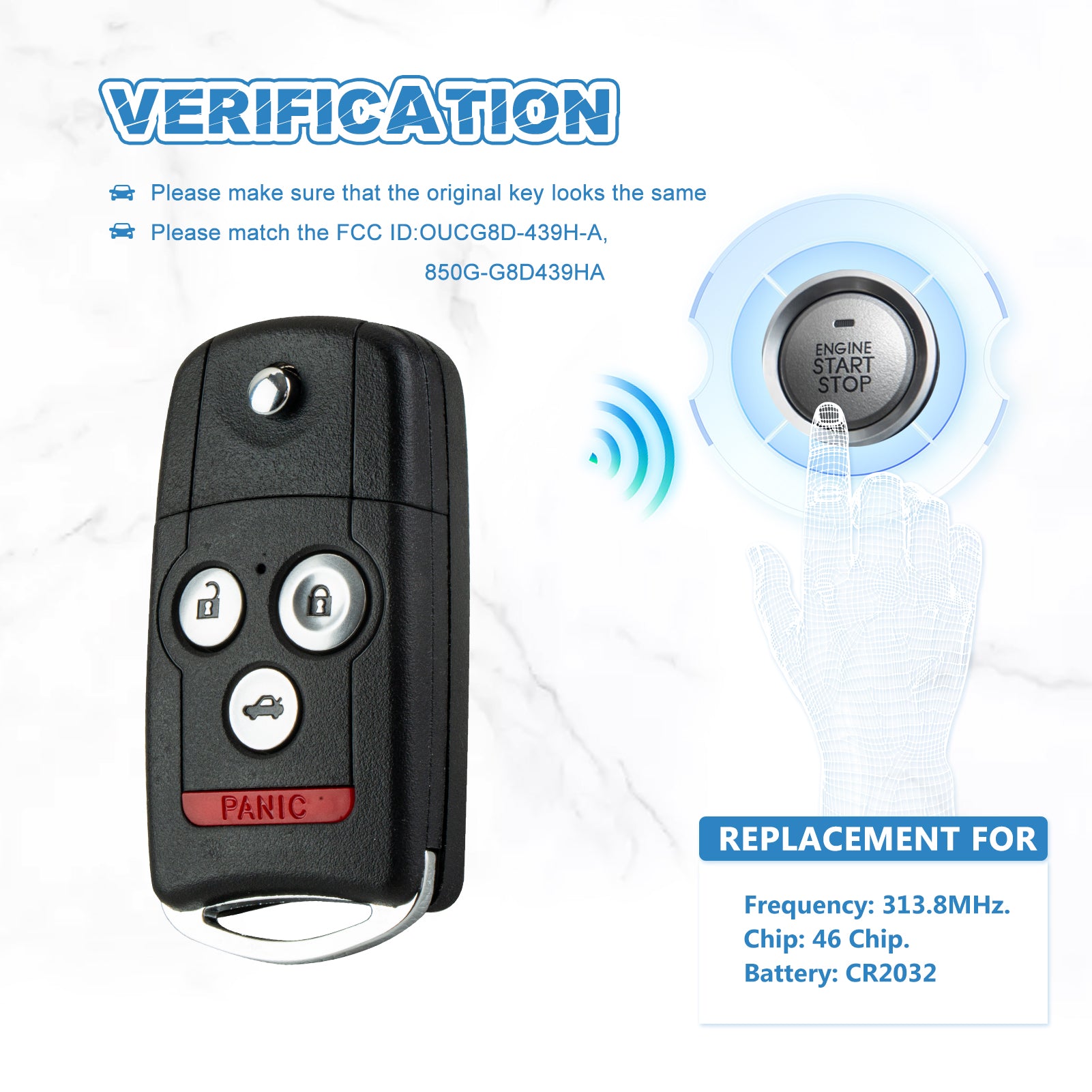 Replacement for 2007, 2008 TL FLIP 4 Button,Keyless Entry Remote OUCG8D-439H-A