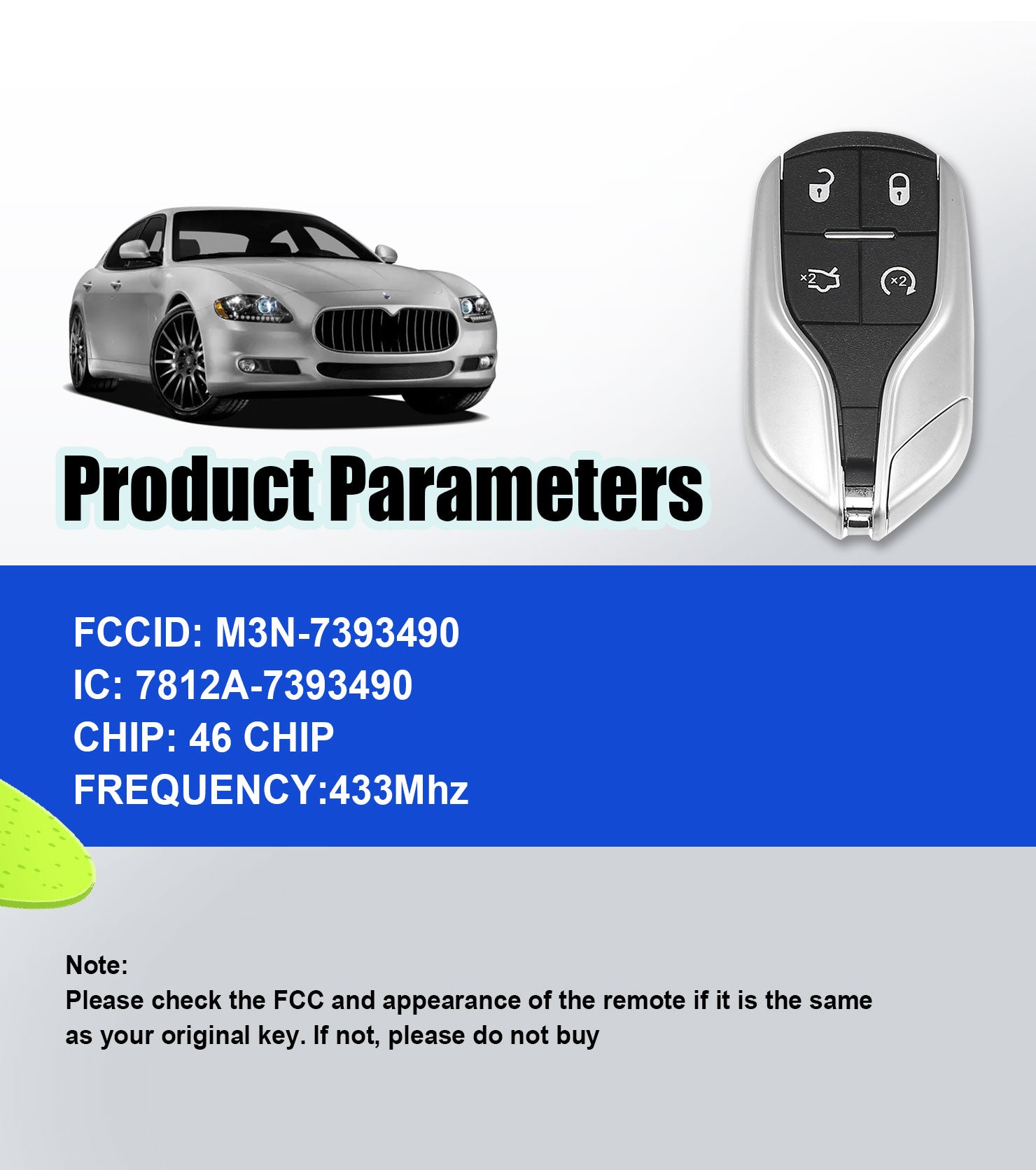Smart Car Key DIY Voice Installer Device Keyless Entry Remote Replacemnt for 2014 - 2017 Maserati Quattroporte Ghibli M3N-7393490