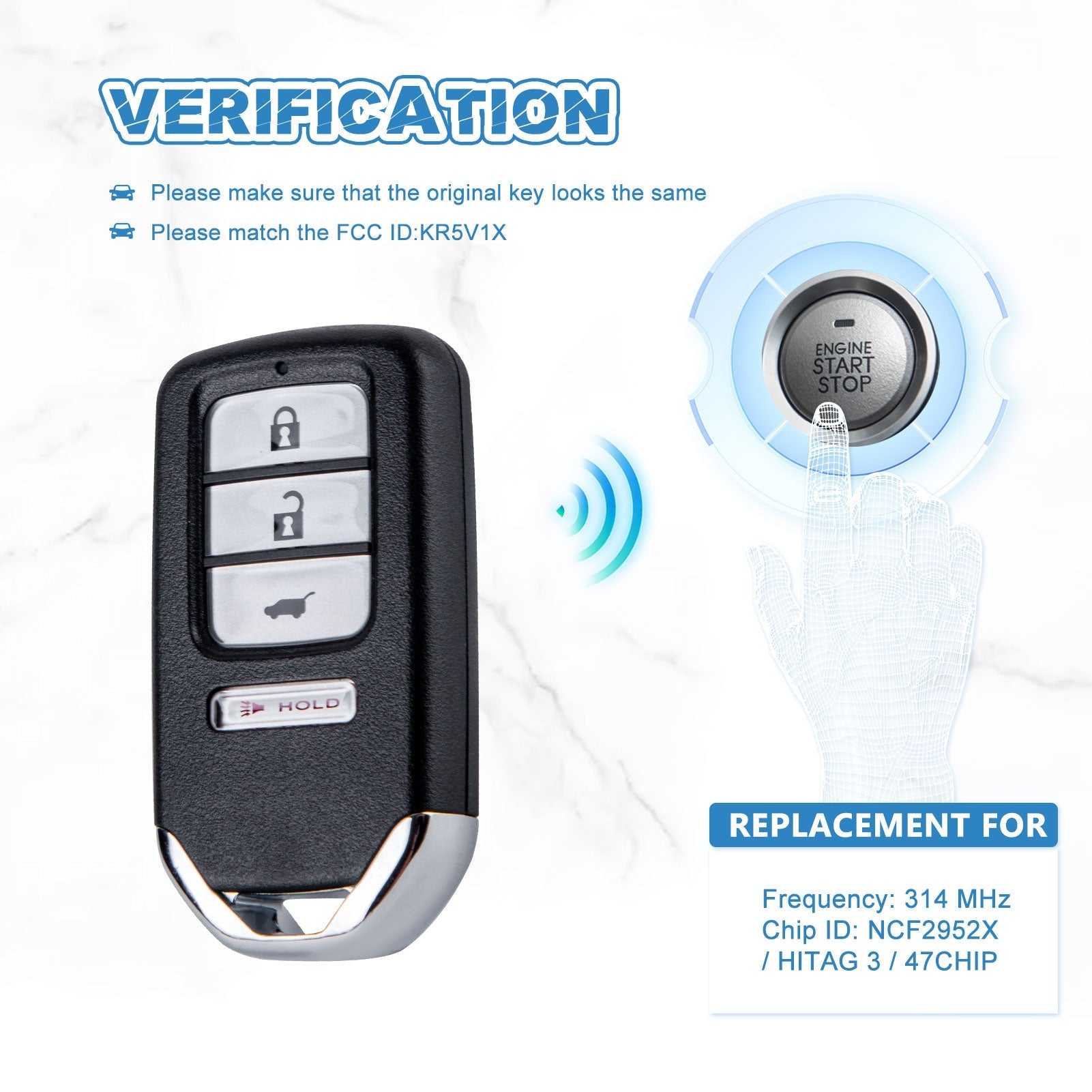 Keyless Entry Remote Control 314 MHZ Replacement for 2016-2020 Honda HR-V Car Key Fob KR5V1X  KR-H4RD