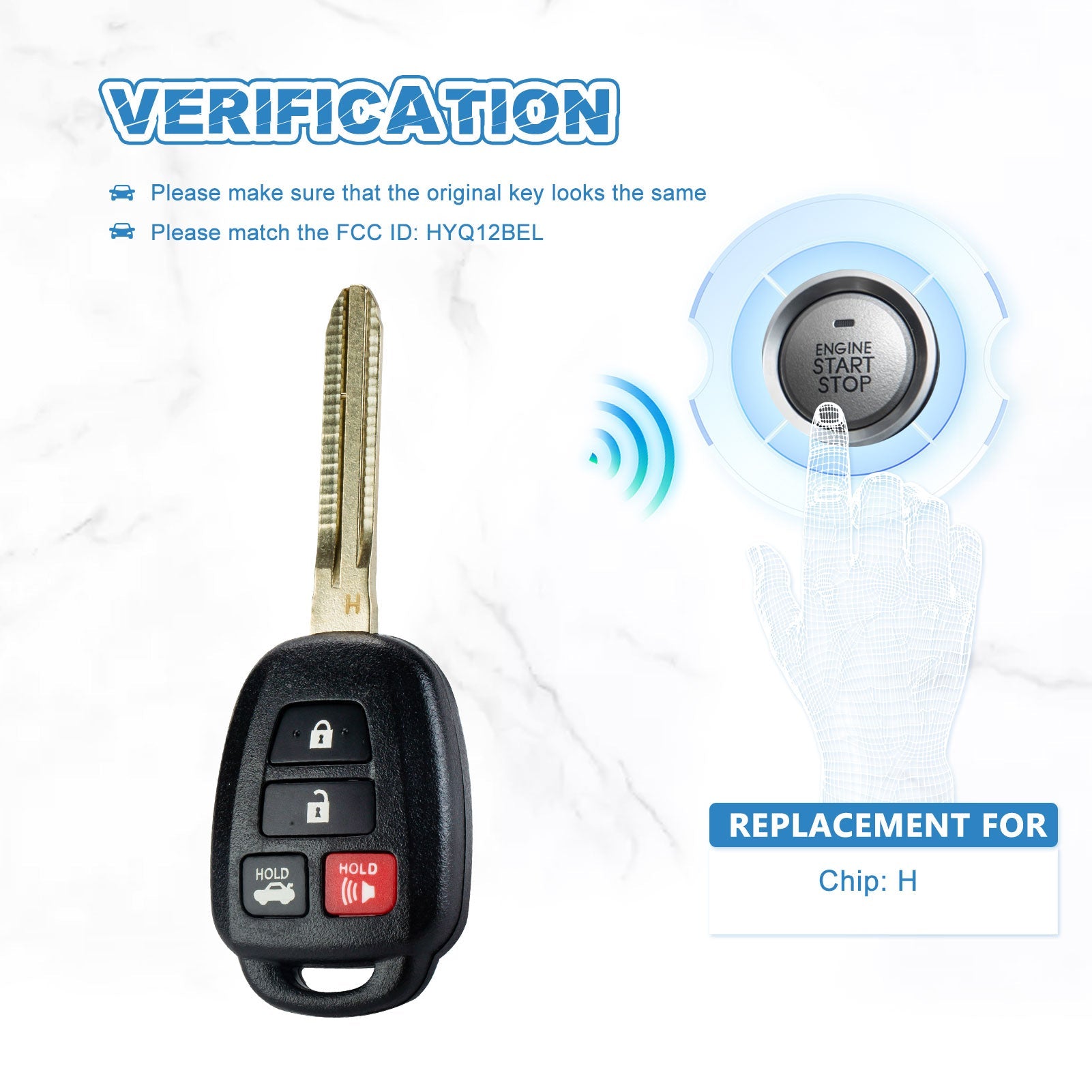 H Chip Remote Car Key Replacement for 2014-2017 Toyota Camry 4 Button HYQ12BEL KR-T4SC