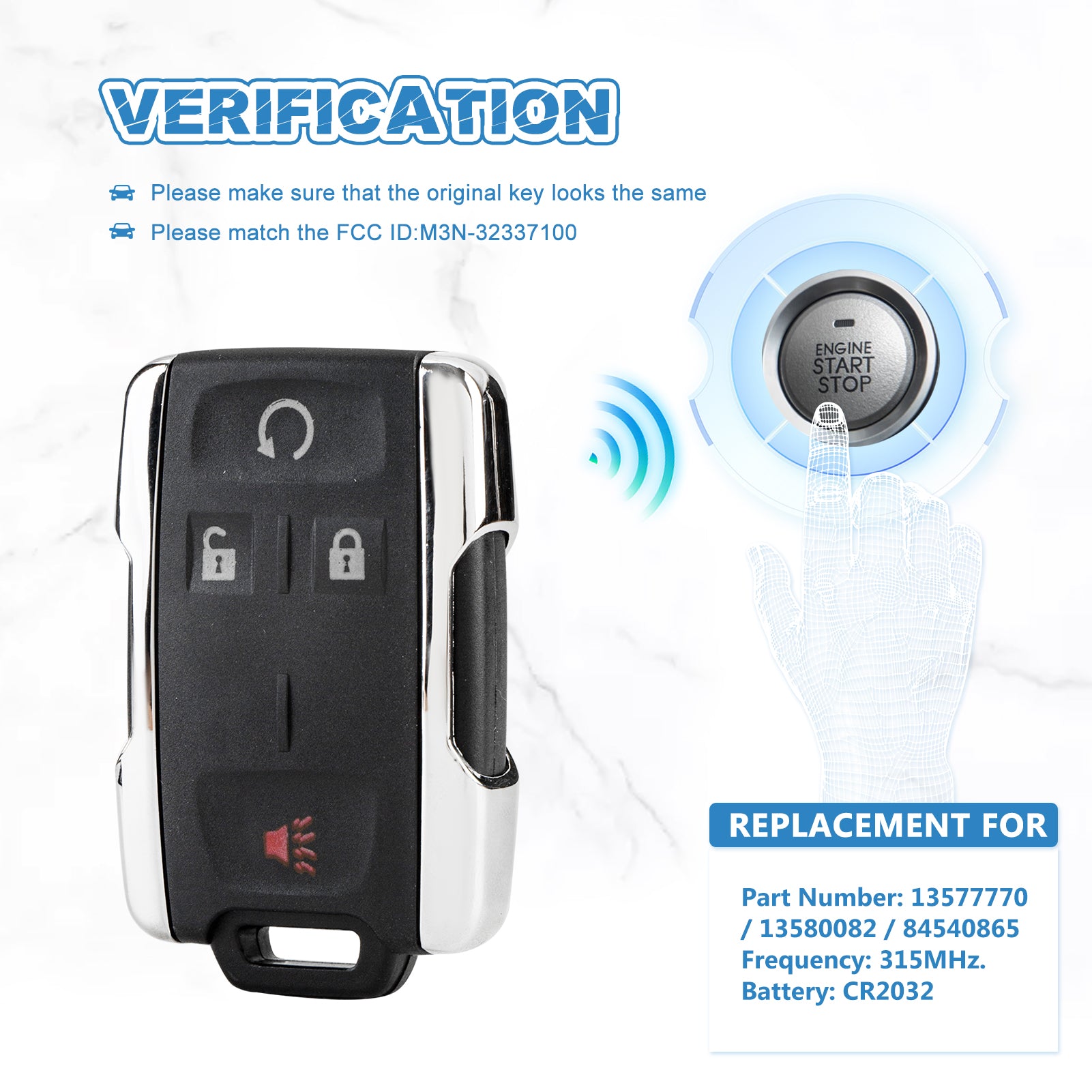 Car Key Fob Replacemnt for 2014 -2017 Silverado 1500 GMC Sierra Keyless Entry Remote 4 Button M3N-32337100