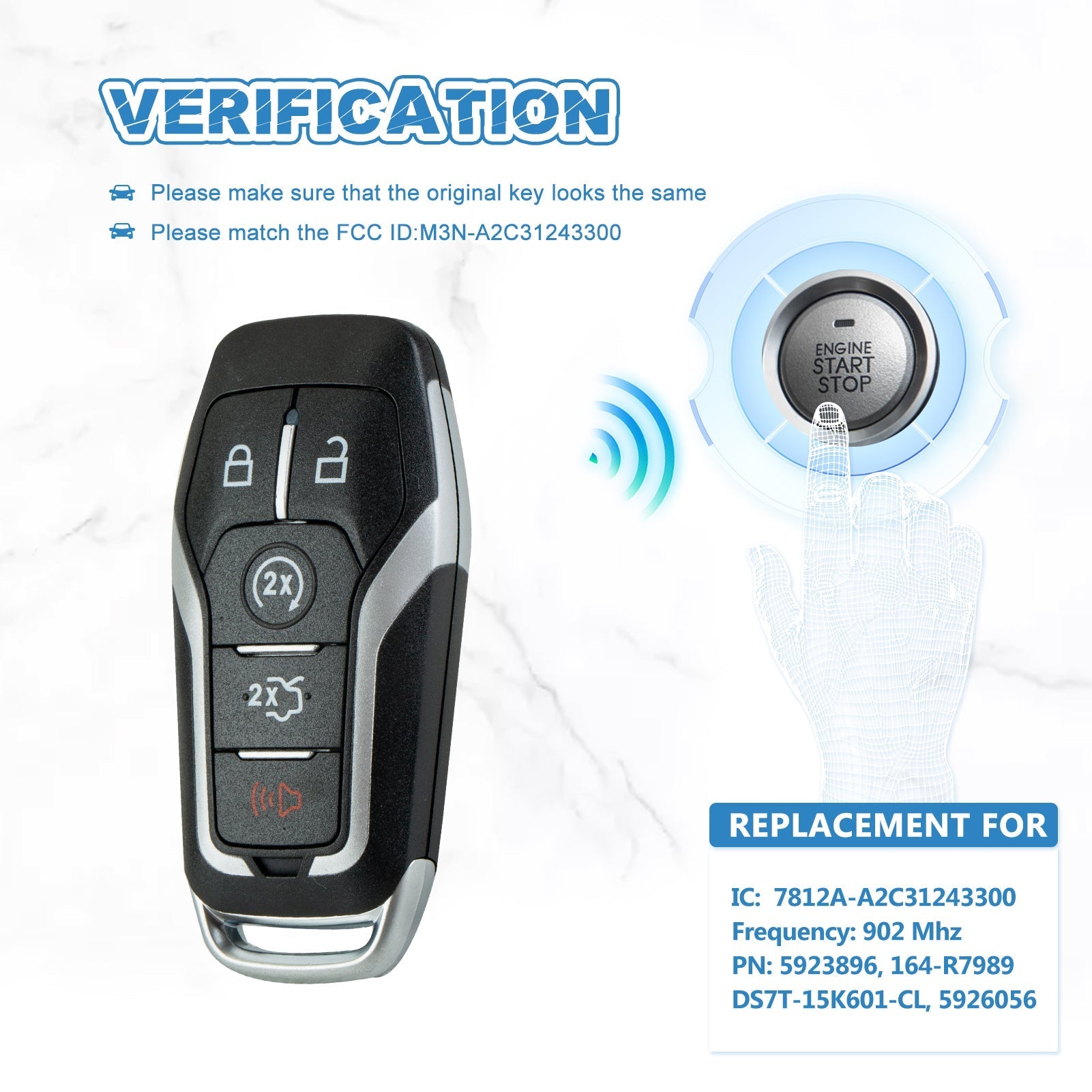 Smart Key Fob 5 BTN Replacement for 2015 - 2018 Ford Mustang with FCC ID: M3N-A2C31243300