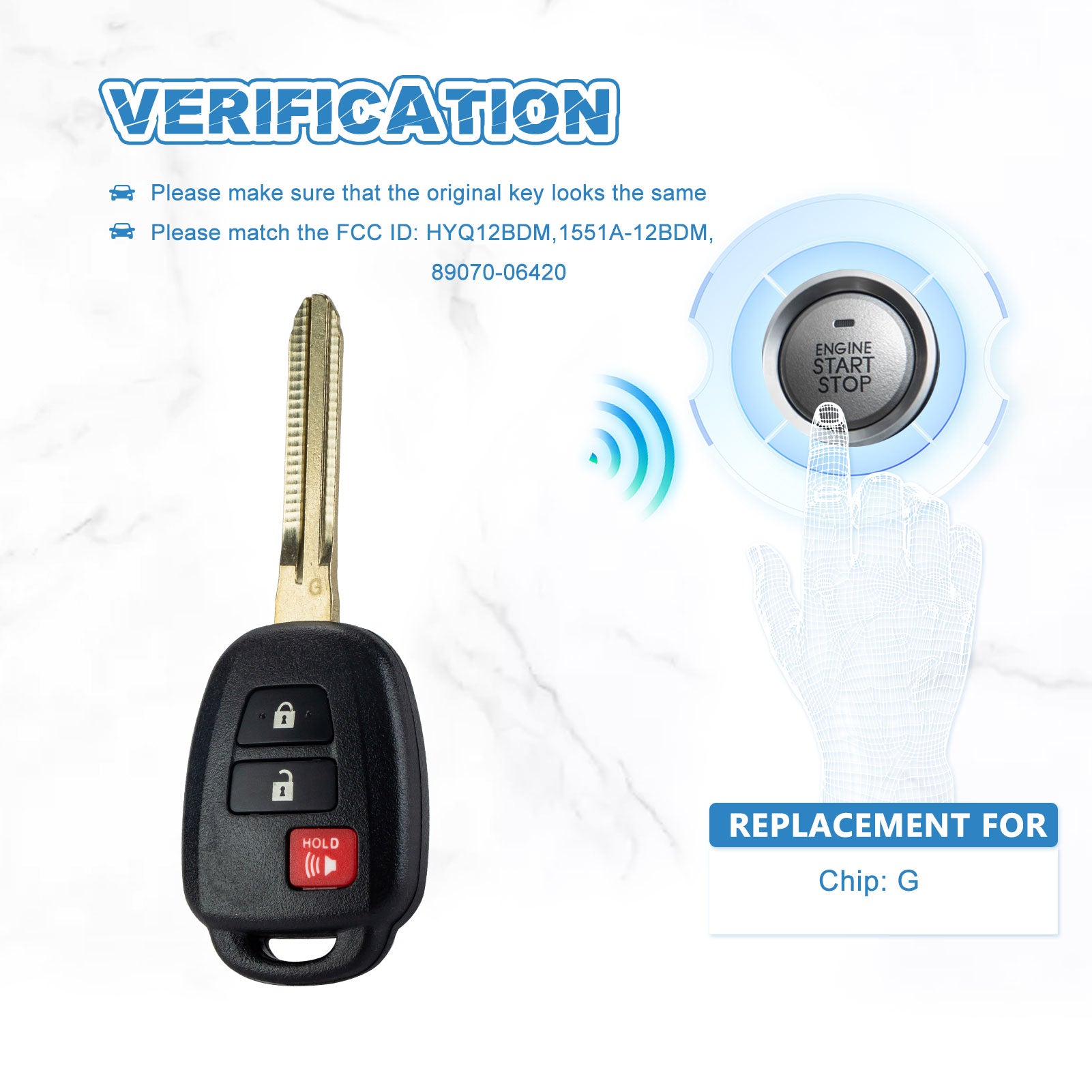 Replacement for Keyless Entry Remote Car Key Fob fit for Toyota 2012-2016 Prius C 3 Button G Chip HYQ12BDM KR-T3SB