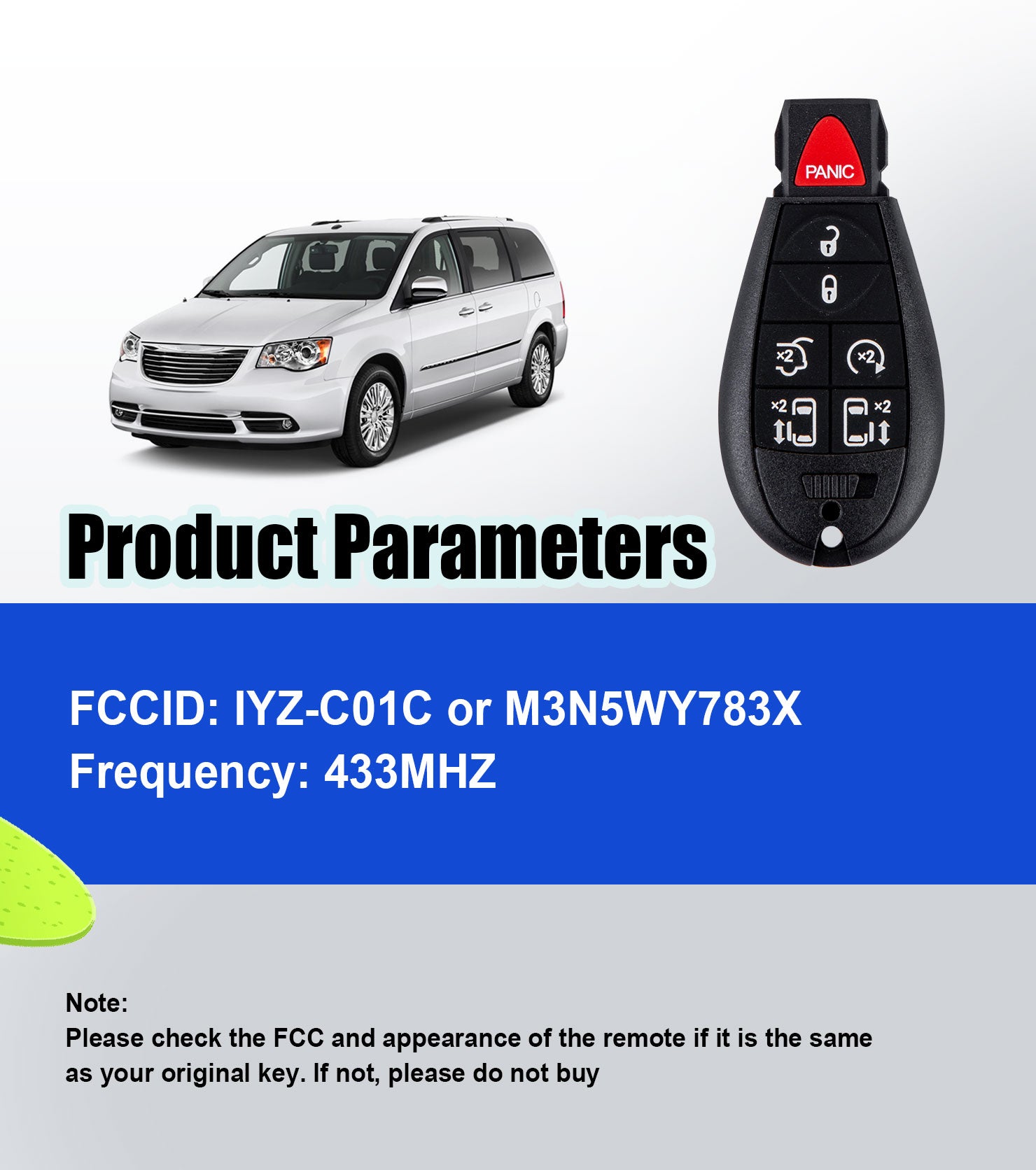 Car Key Fob Voice OBD Kit Replacement for 2008-2016 Chrylser Town & Country 2008-2020 Dodge Grand Caravan M3N5WY783X IYZ-C01C