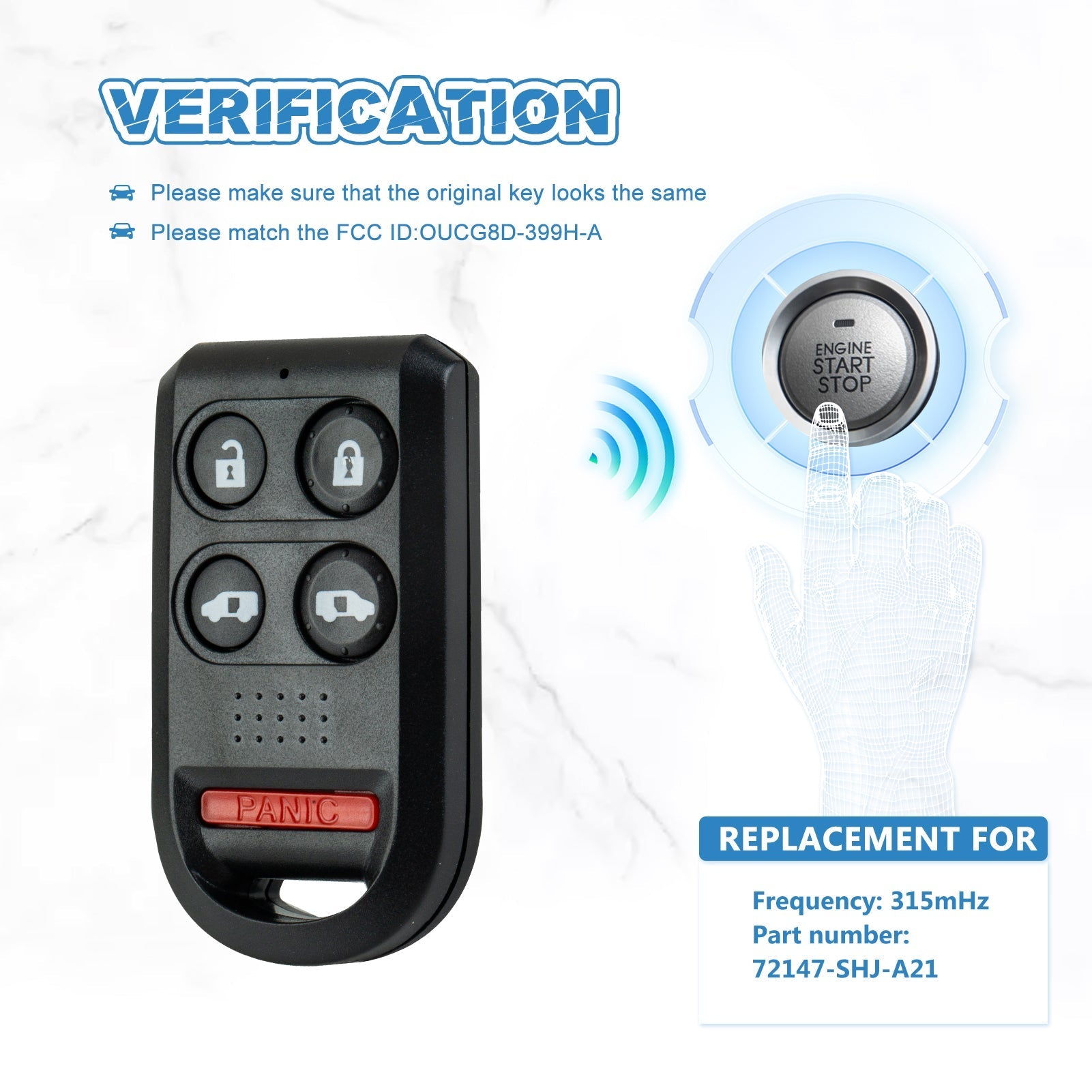 Keyless Entry Remote 5 BTN Replacement for 2005-2010 Honda Odyssey Van 315mHz OUCG8D-399H-A