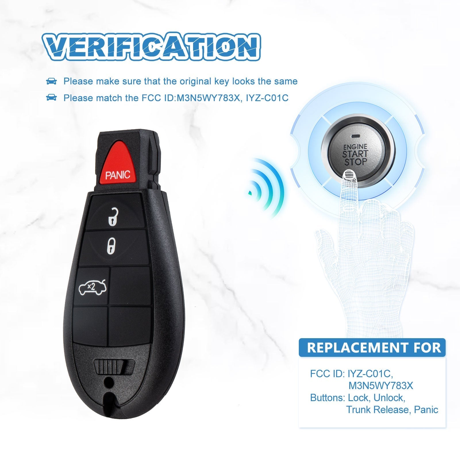 Car Key Fob Replacement for Dodge Charger Keyless Entry Control 4 Button IYZ-C01C or M3N5WY783X  KR-D4RA-10