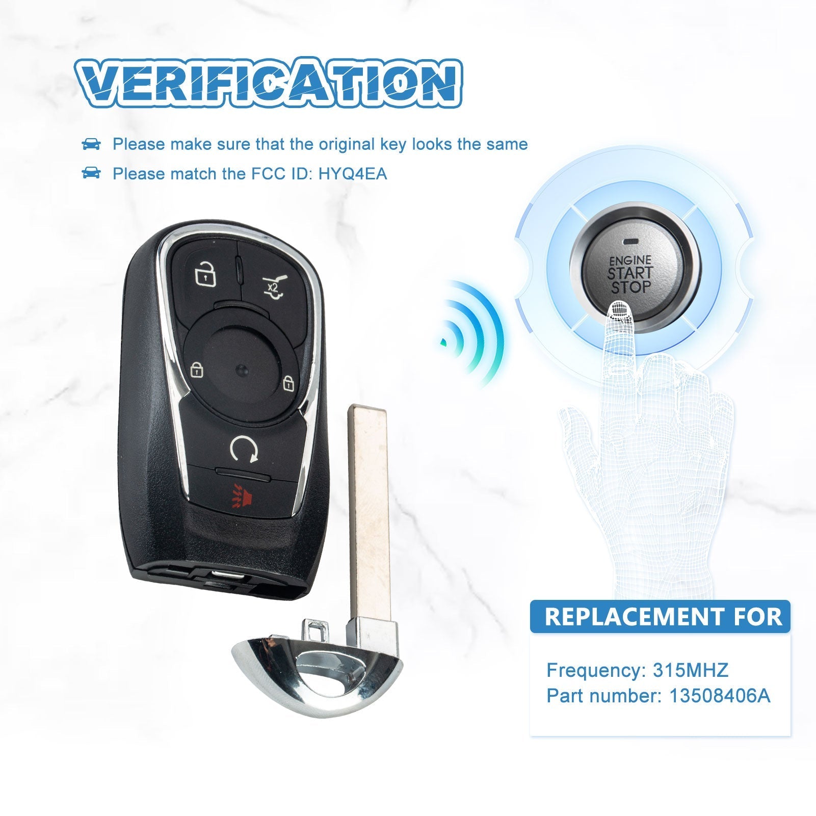 Keyless Entry Remote Car Key 315 Mhz Replacement for 2017-2020 Buick Envision HYQ4EA 13508406   KR-C5RE-10