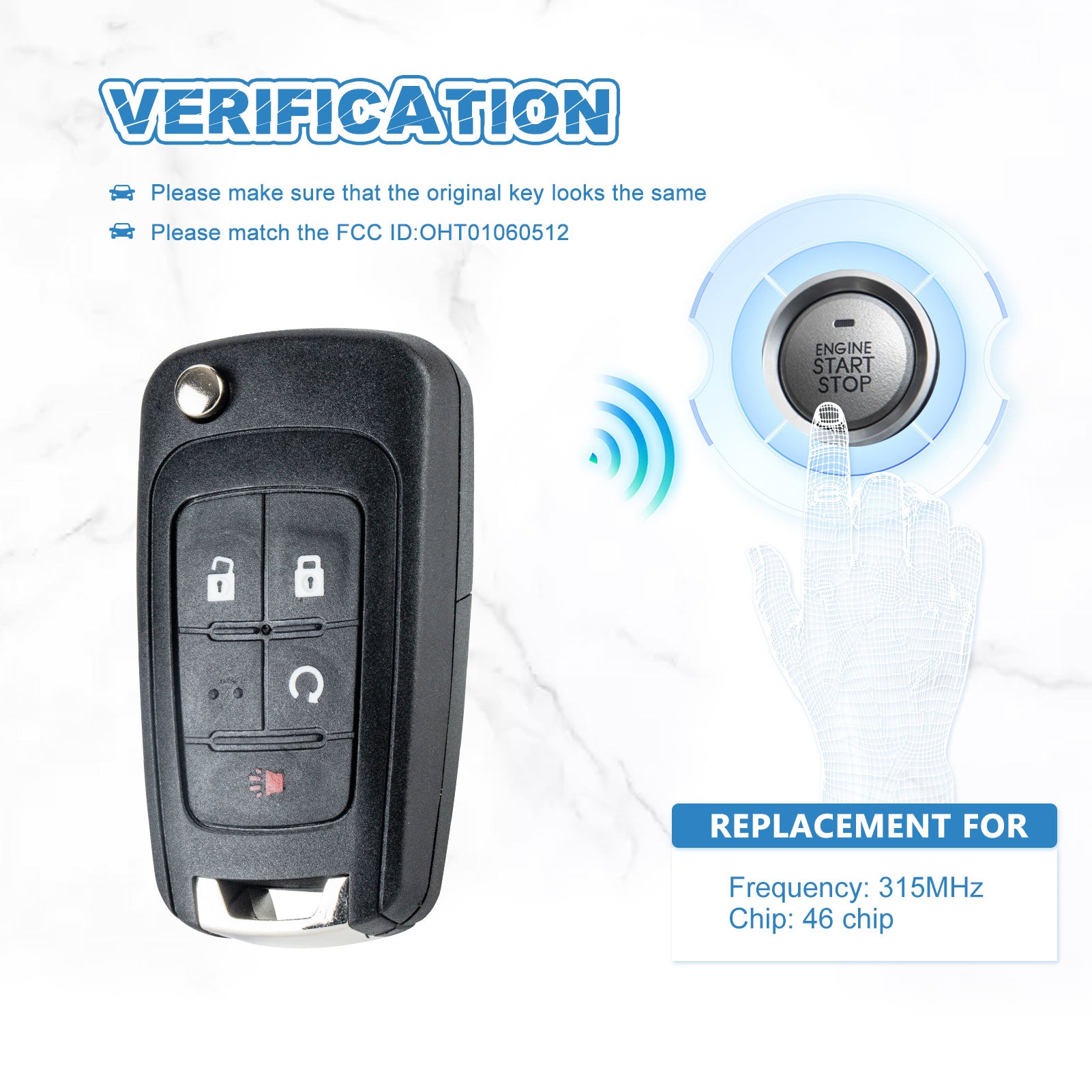 Car Key Fob Keyless Entry Remote Control 315MHZ Replacememnt for 2010-2019 Equinox 2014-2018 Buick Encore 2010-2019 GMC Terrain OHT01060512 KR-C4SC
