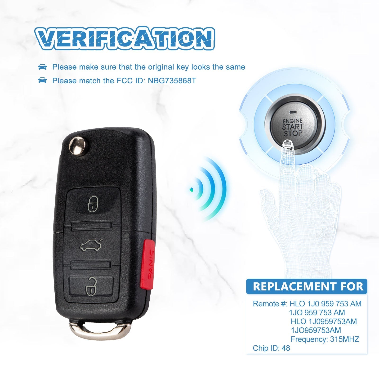 Keyless Entry Remote Replacement for 2002-2006 Beetle 2003-2005 Golf 2002-2005 Passat 2002-2004 Jetta 315MHZ NBG735868T  KR-V4SA-10