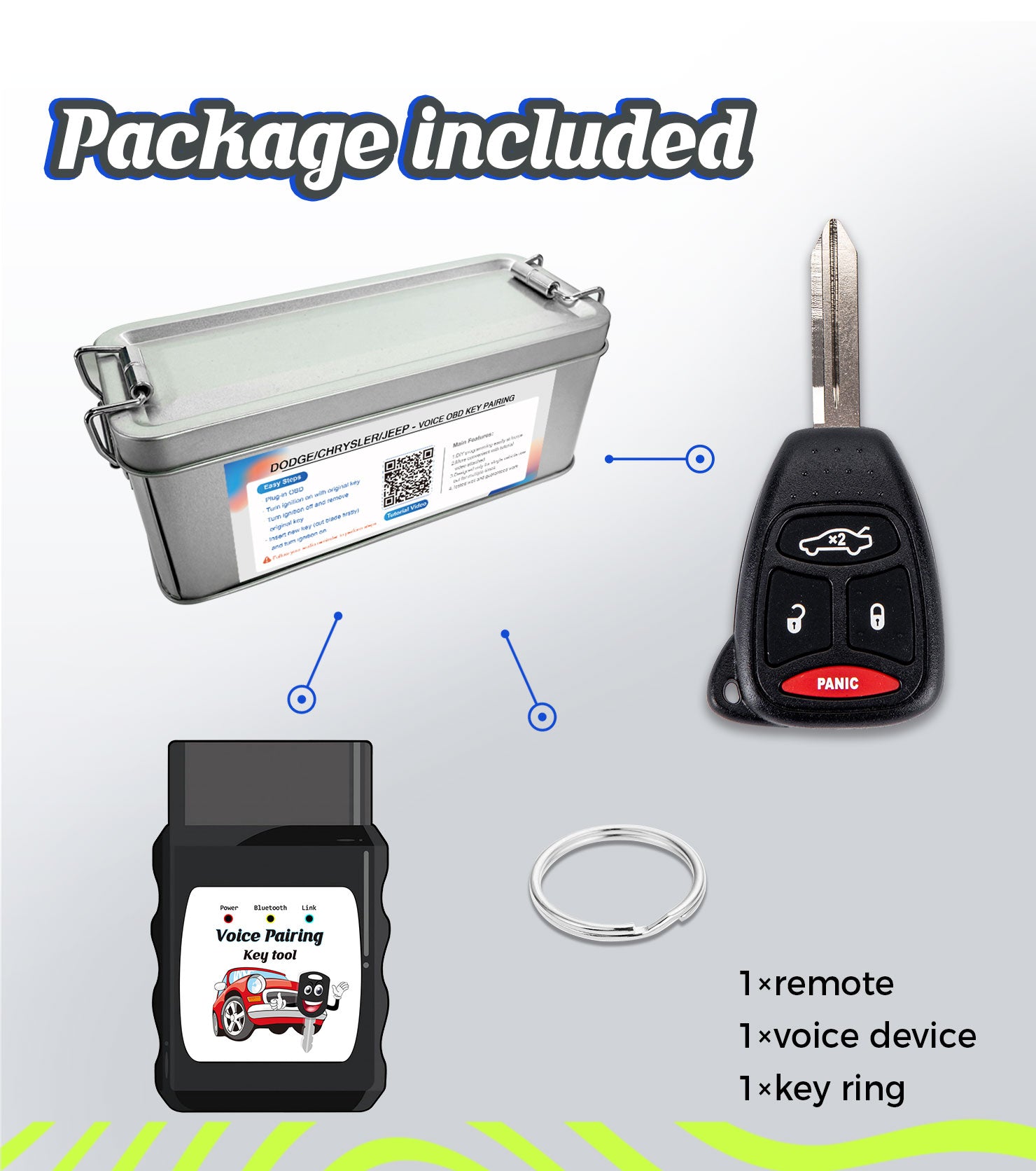 Head Car Key Fob DIY Installer Voice Kit Keyless Entry Replacement for 2005-2007 Jeep Grand Cherokee Commander Chrysler 300 Aspen Dodge Magnum Charger KOBDT04A