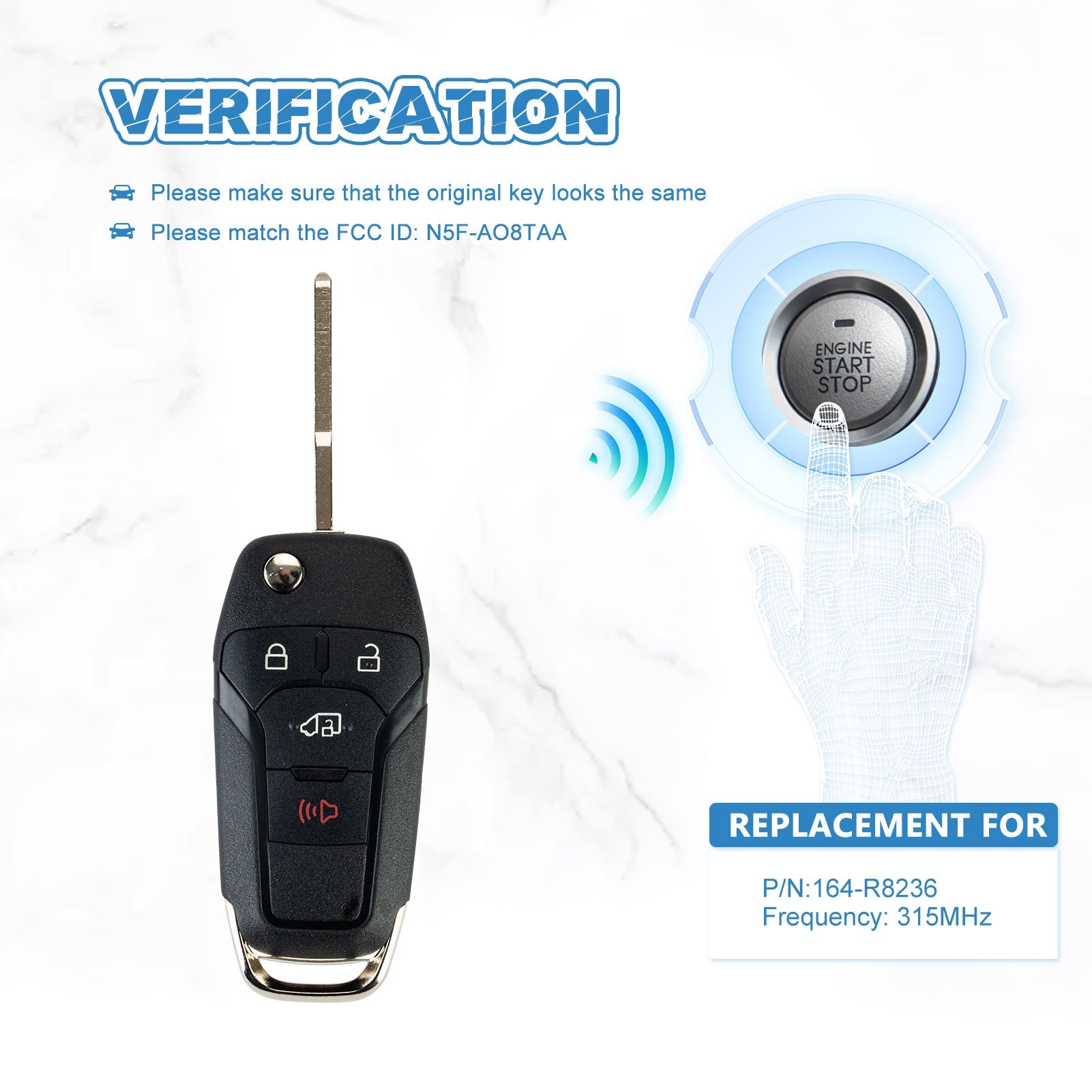 Flip Key 315MHz Replacement for 2019-2021 Ford Transit Connect Car Key Fob 4 BTN Remote Control N5F-A08TAA 164-R8236   KR-F4SJ-05