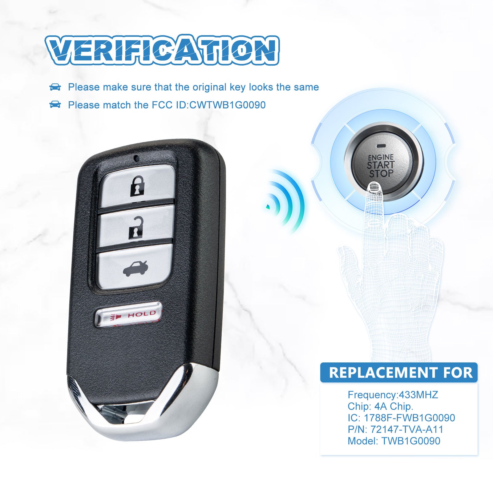 433MHZ Repalcement for 2018-2021 Honda Accord LX LX-S Sport 4A Chip Smart Remote Key Fob 72147-TVA-A11  KR-H4RH
