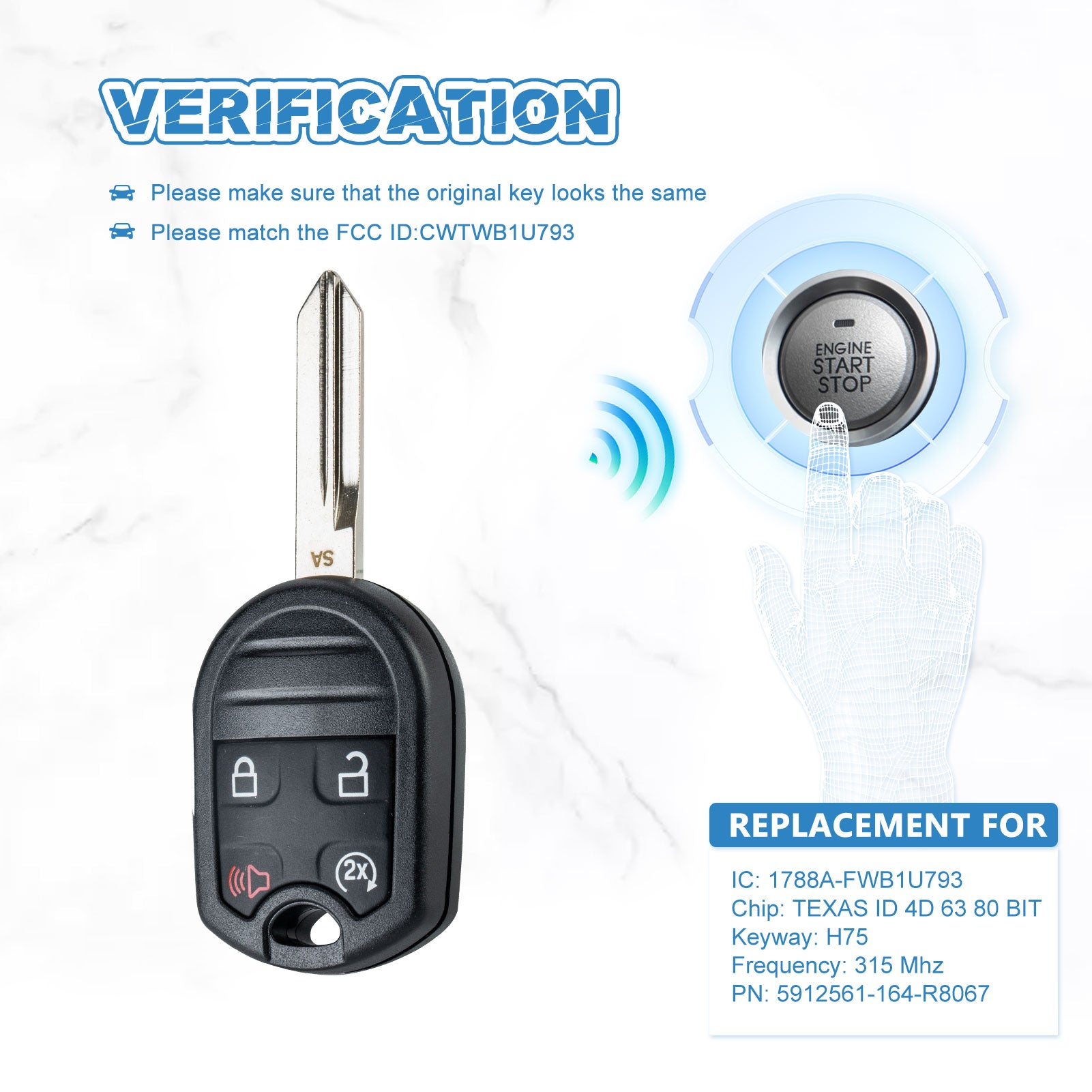 315MHZ Replacement Keyless Remote Head Key for 2012-2016 Ford F550 2012-2017 Ford F650 2012-2017 Ford F750 80 bit chip OUCD6000022 164-R8067  KR-F4SF