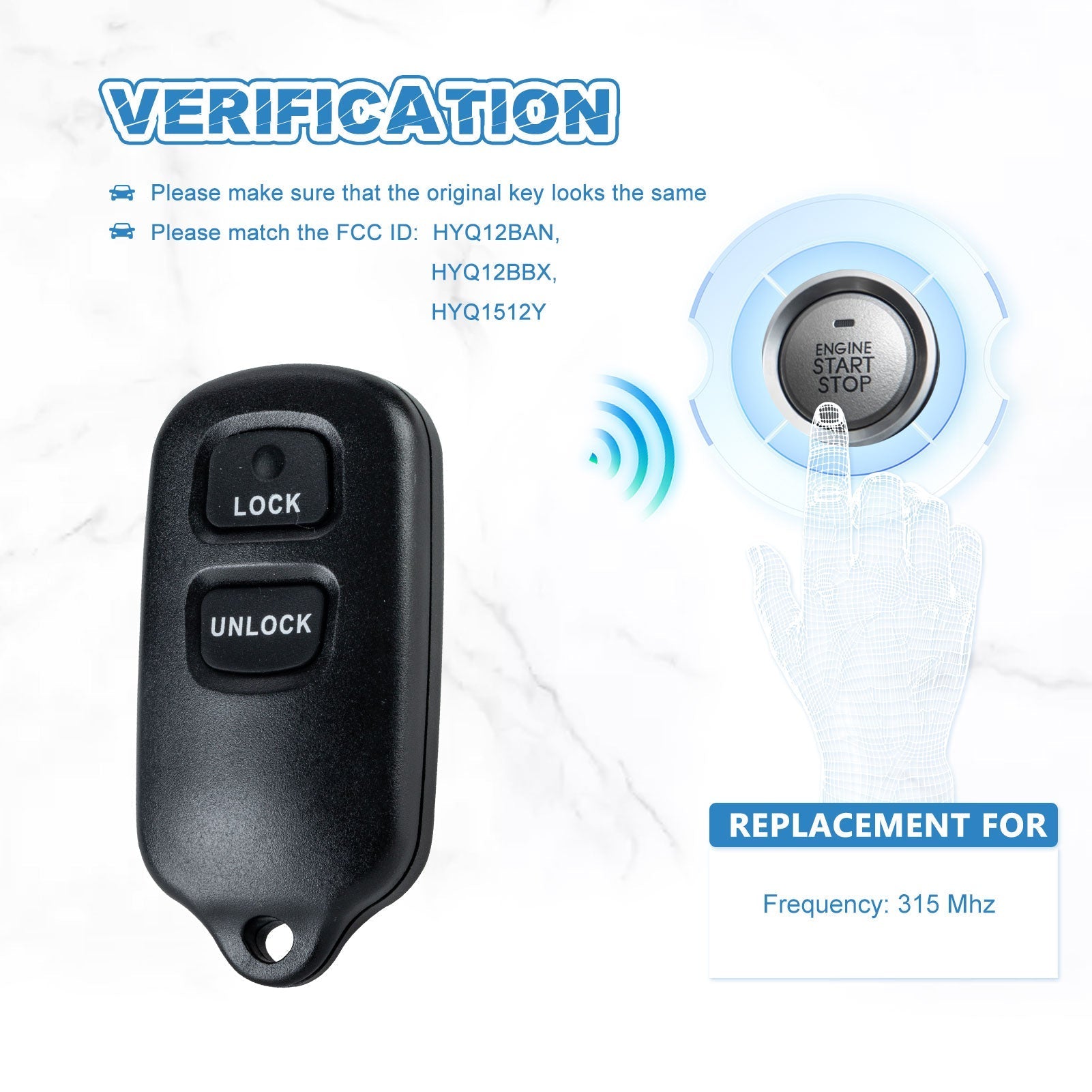 315MHZ Car Key Fob Replacement for 2004-2006 Toyota Tundra Remote HYQ12BAN, HYQ12BBX, HYQ1512Y  KR-T3RD-10