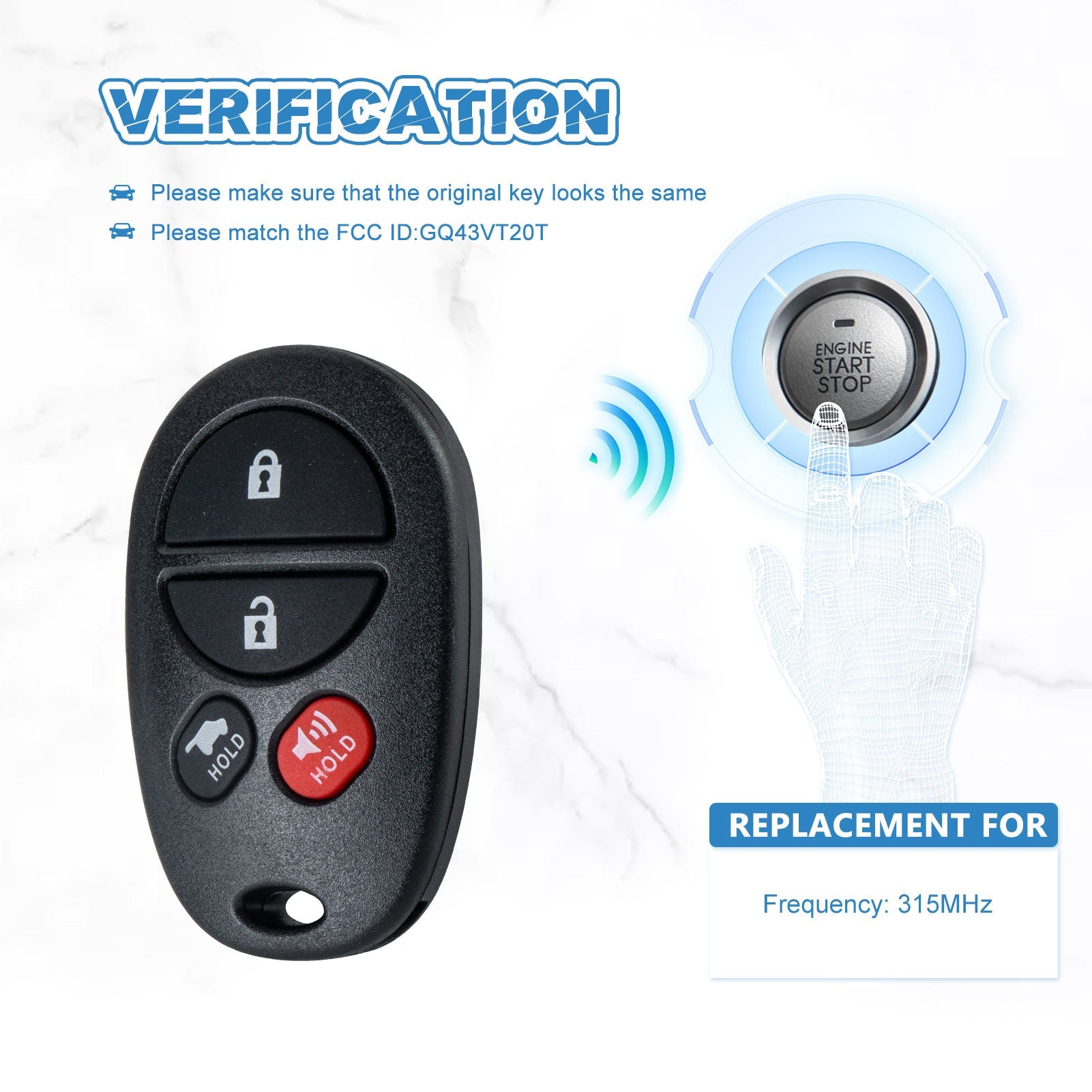 315MHZ Keyless Entry Remote Control Replacement for 2008-2016 Toyota Sequoia 2007-2015 Toyota Highland GQ43VT20T  KR-T4RD-05