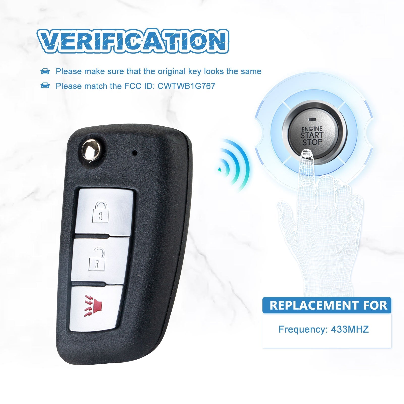 433MHZ Car Key Fob Replacement for 2014-2017 Rogue S Remote 3 Button CWTWB1G76  KR-N3RB-10