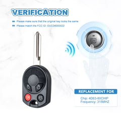 Keyless Entry Remote 315MHZ Replacement for 2005-2014 Mustang 2000-2016 Taurus 2005-2011 Town Car 80 CHIP OUCD6000022  KR-F4SA-05