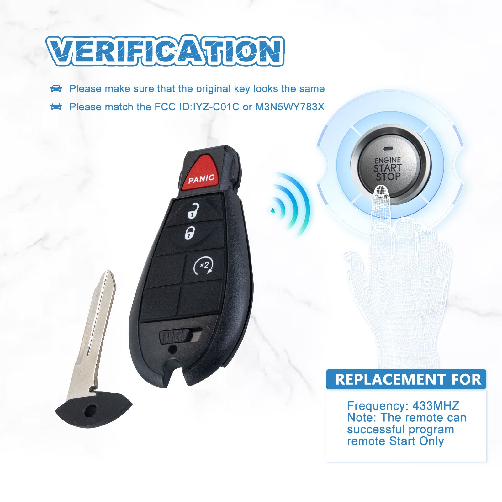 Keyless Entry Car Key Fob Replacement for 2008-2016 Chrysler Town/300, 2009-2012 Volkswagen Routan 433MHZ IYZ-C01C or M3N5WY783X   KR-D4RB