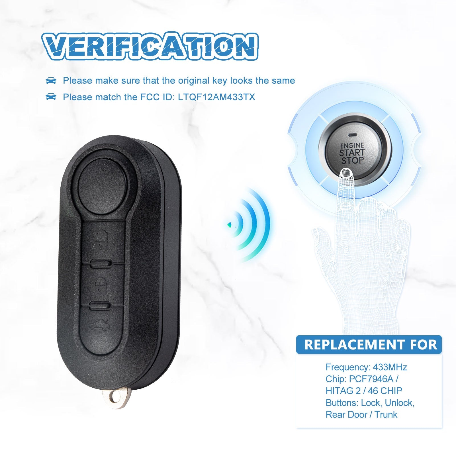 Keyless Entry Remote 3 BTN Replacement for 2012-2017 Fiat 500 2014-2018 Fiat 500L Flip Key - Delphi BCM LTQFI2AM433TX  KR-G3SA-05