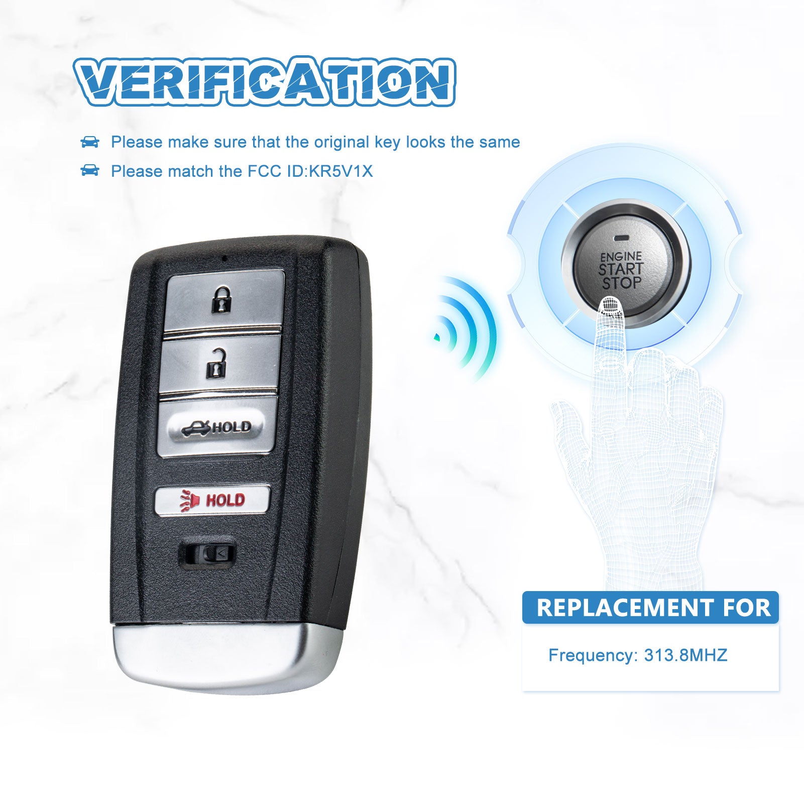 Car Key Fob Keyless Entry Remote Replacement for 2015-2018 Acura ILX RLX TLX Smart Key KR5V1X 313.8MHZ  KR-A4RB