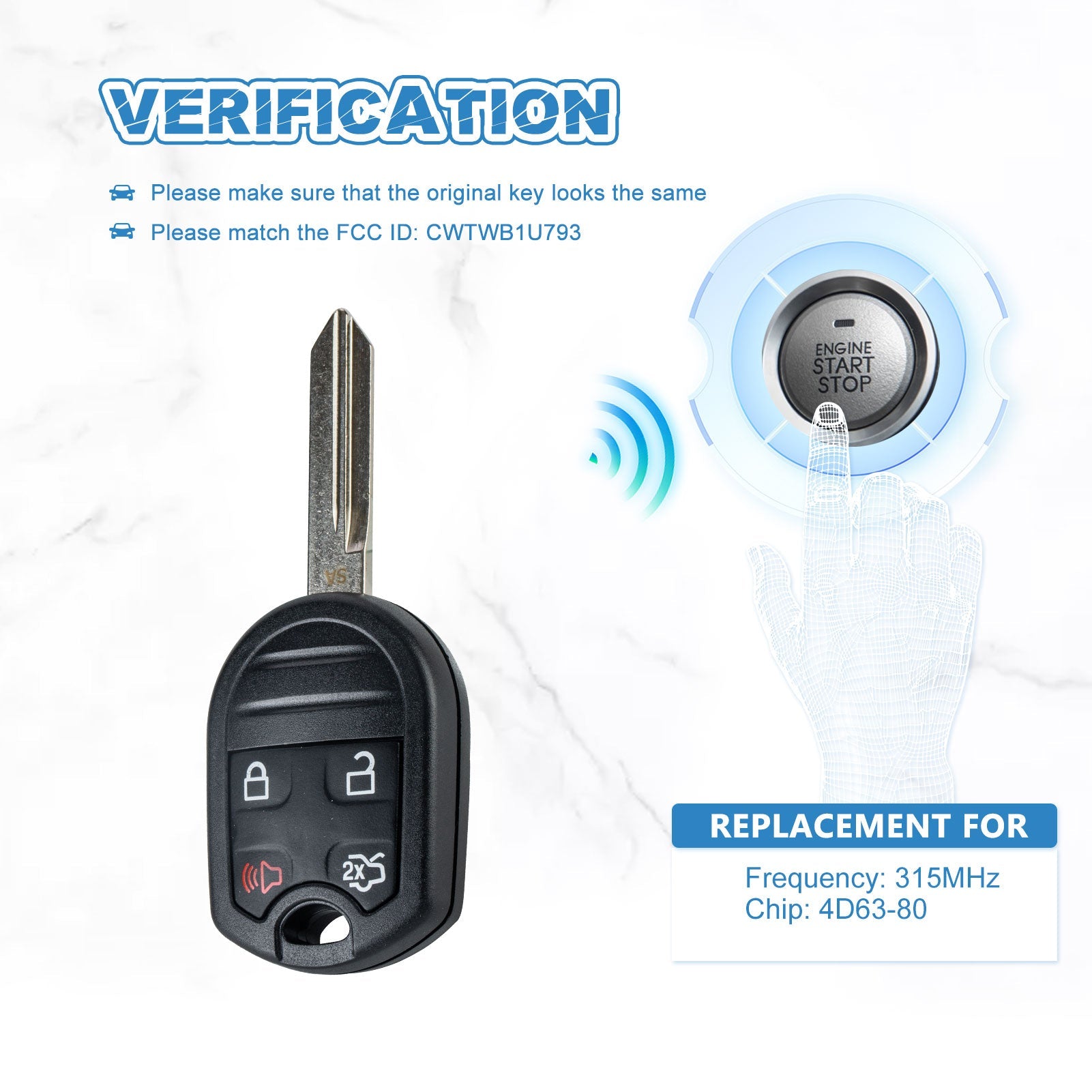 80 BIT Car Key Fob Keyless Entry Remote Start Replacement for 2006-2012 Escape 2005-2011 Grand Marquis 2007-2012 MKZr 315MHZ CWTWB1U793  KR-F4SB-05