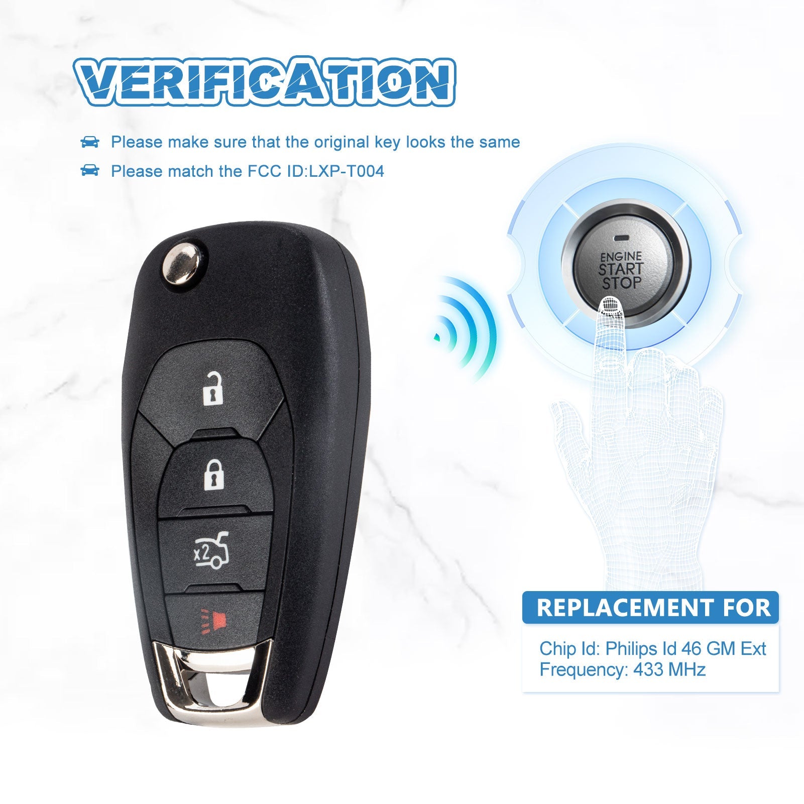 4 BTN Keyless Entry Remote 433MHZ Car Key Replacement for 2016-2019-Cruze XL8 Systems Only LXP-T004  KR-C4SD-05