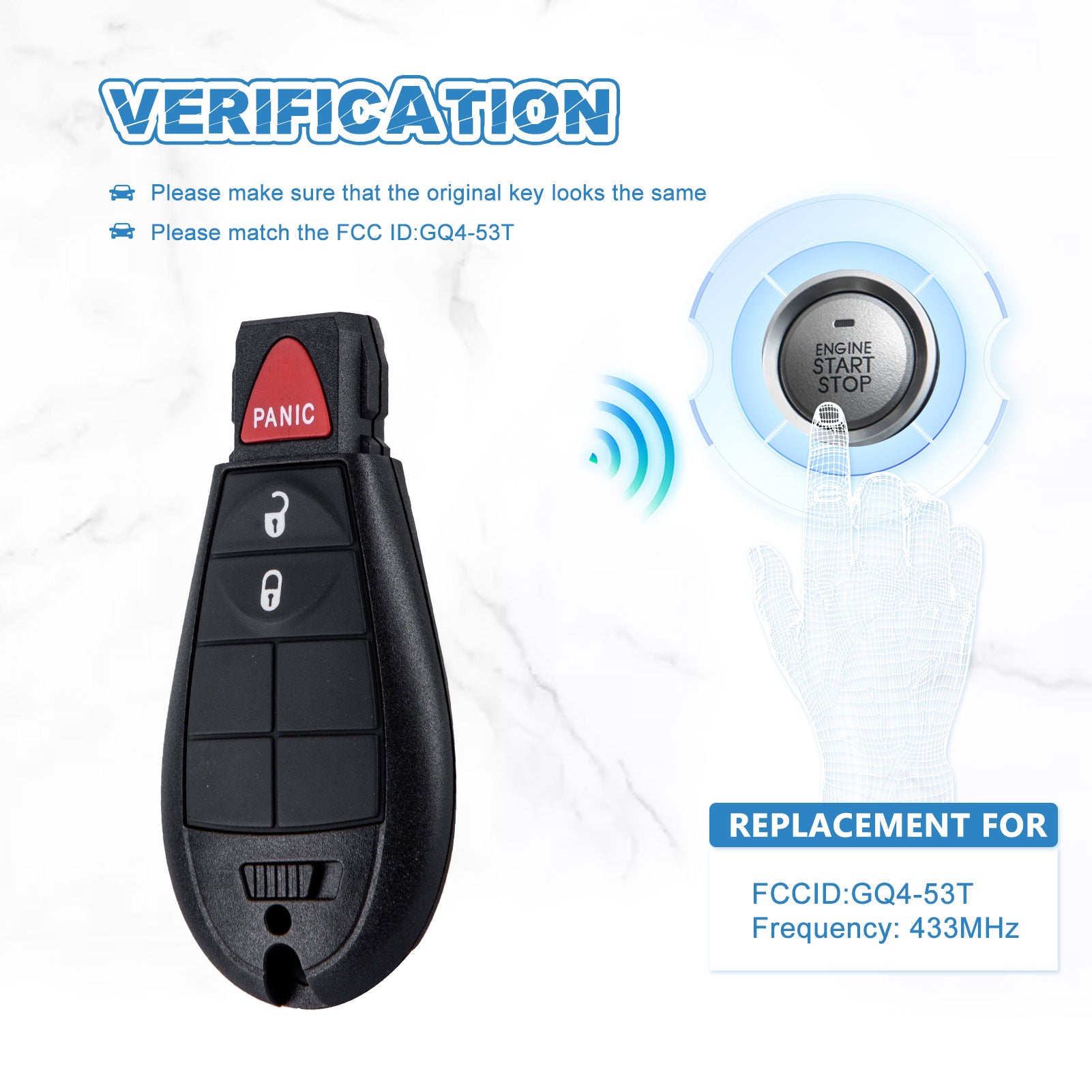 Keyless Entry Remote Key Fob, 3 Buttons Smart Key Replacement for 2013-2017 Dodge Ram GQ4-53T  KR-D3RC