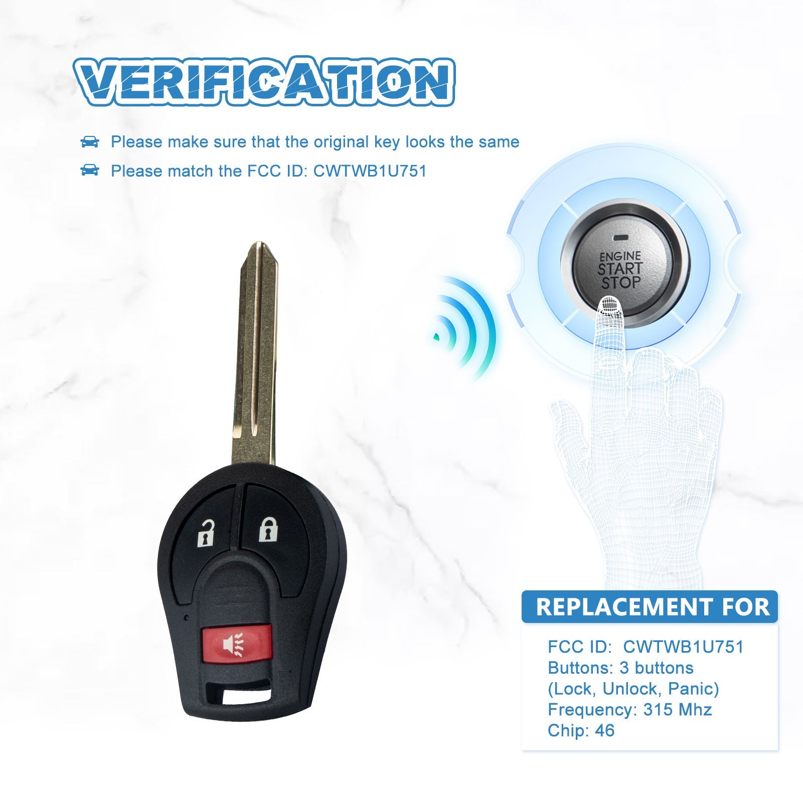 Keyless Entry Remote Replacement for Car Key Fob for 2005-2015 Armada 2009-2014 Cube 2003-2008 FX45 3 Button 46 Chip CWTWB1U751  KR-N3SA