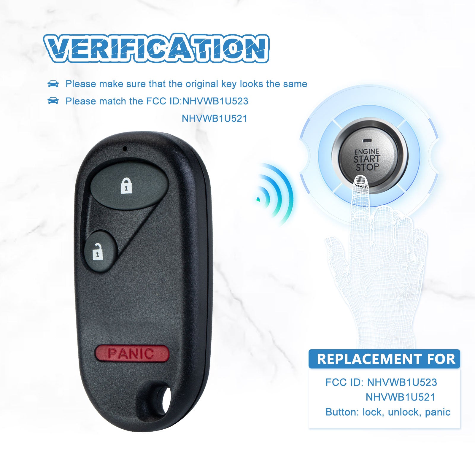 Replacement for Keyless Entry Remote Car Key Fob for 2001-2005 Honda Civic EX LX DX (not SI), 2003-2007 Pilot NHVWB1U523, NHVWB1U521  KR-H3RB