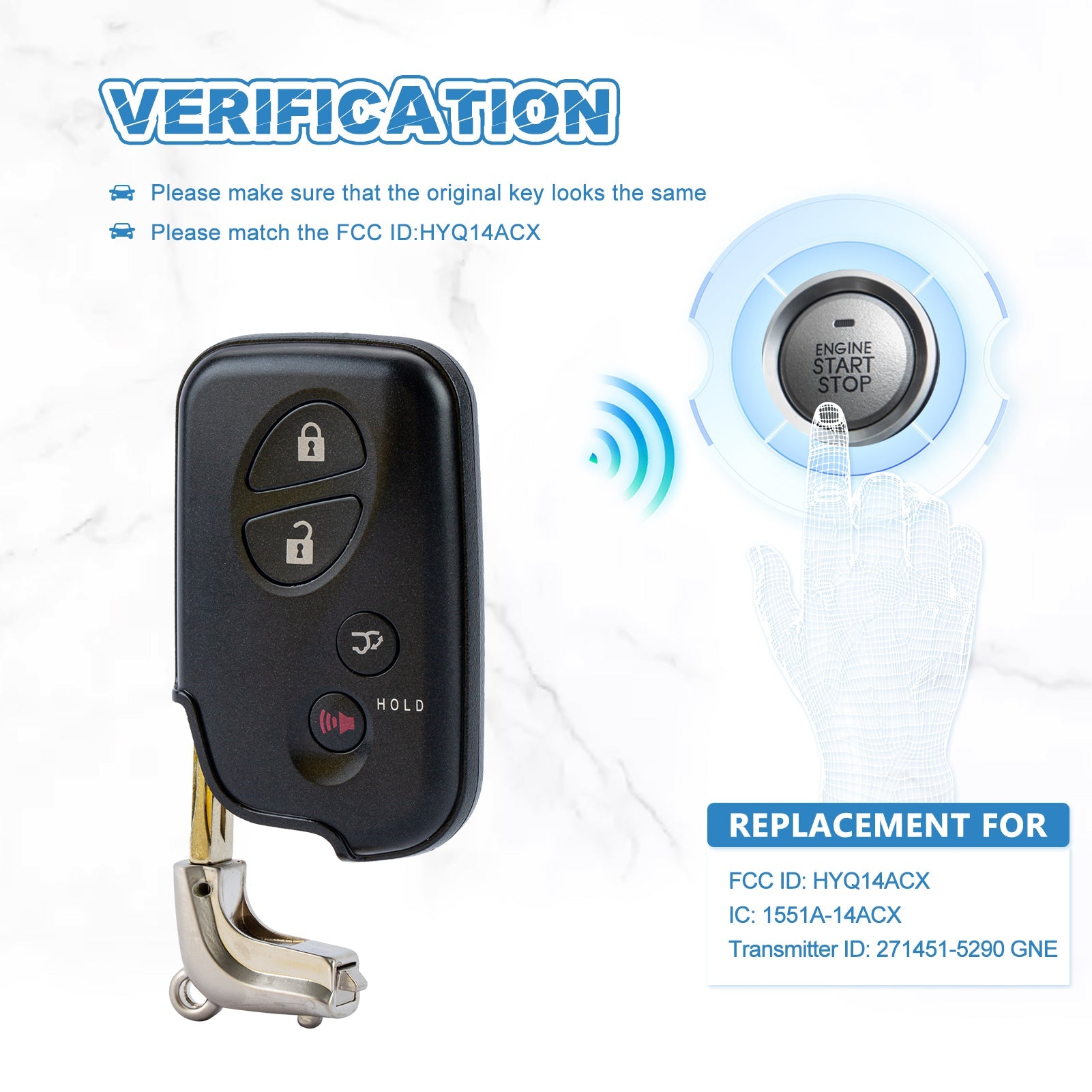 Smart Key Fob 4 BTN keyless Entry Replacement for 2010 - 2015 RX350 RX450H GX460 CT200H with FCC ID: HYQ14ACX, Board Number: 271451-5290