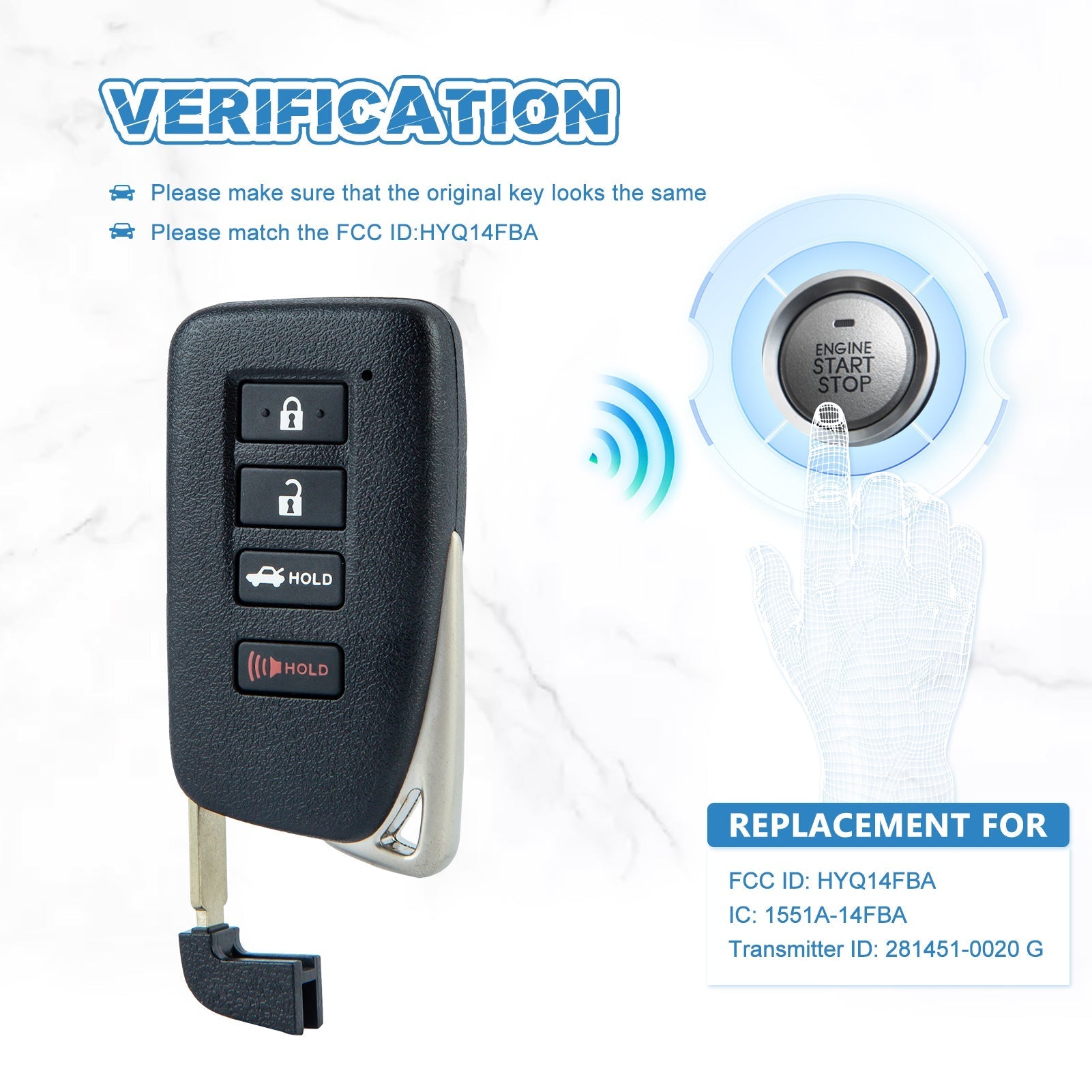 Keyless Entry Remote for 2013-2018 ES350 GS350 4 BTN Smart Key fob with FCC ID: HYQ14FBA 281451-0020  KR-L4RC