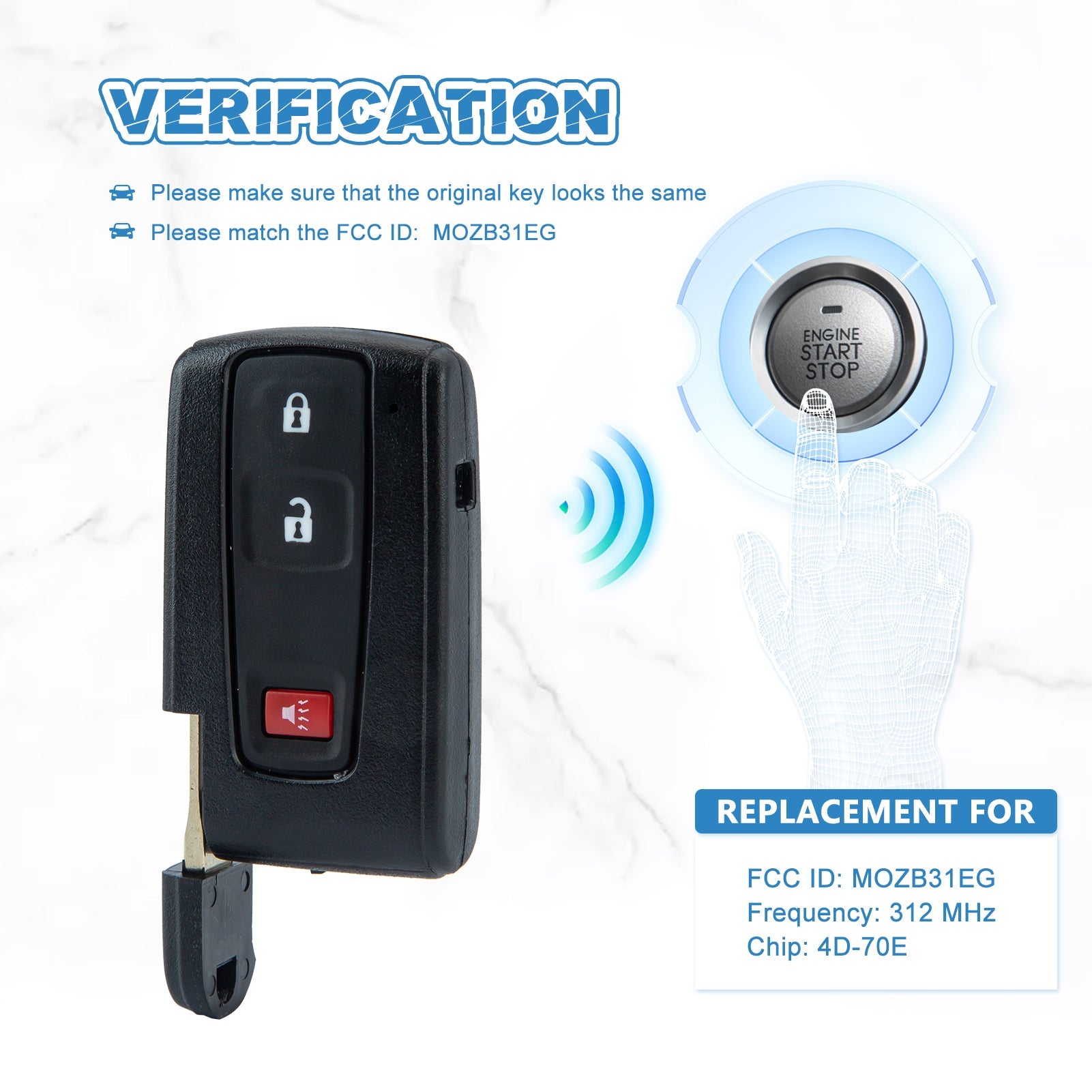 Smart Key fob Replacement for 2004 - 2009 Toyota Prius Smart Car Key Fob MOZB31EG Keyless Entry 2+1 Buttons Remote Control for Silver Logo only