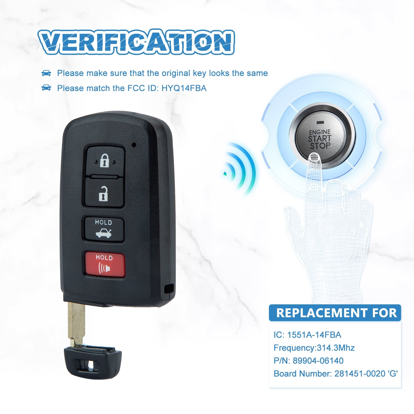 Keyless Entry Remote Smart Car Key Fob 4 Button Replacement for 2013,2014, 2015, 2016, 2017 Toyota Camry Corolla