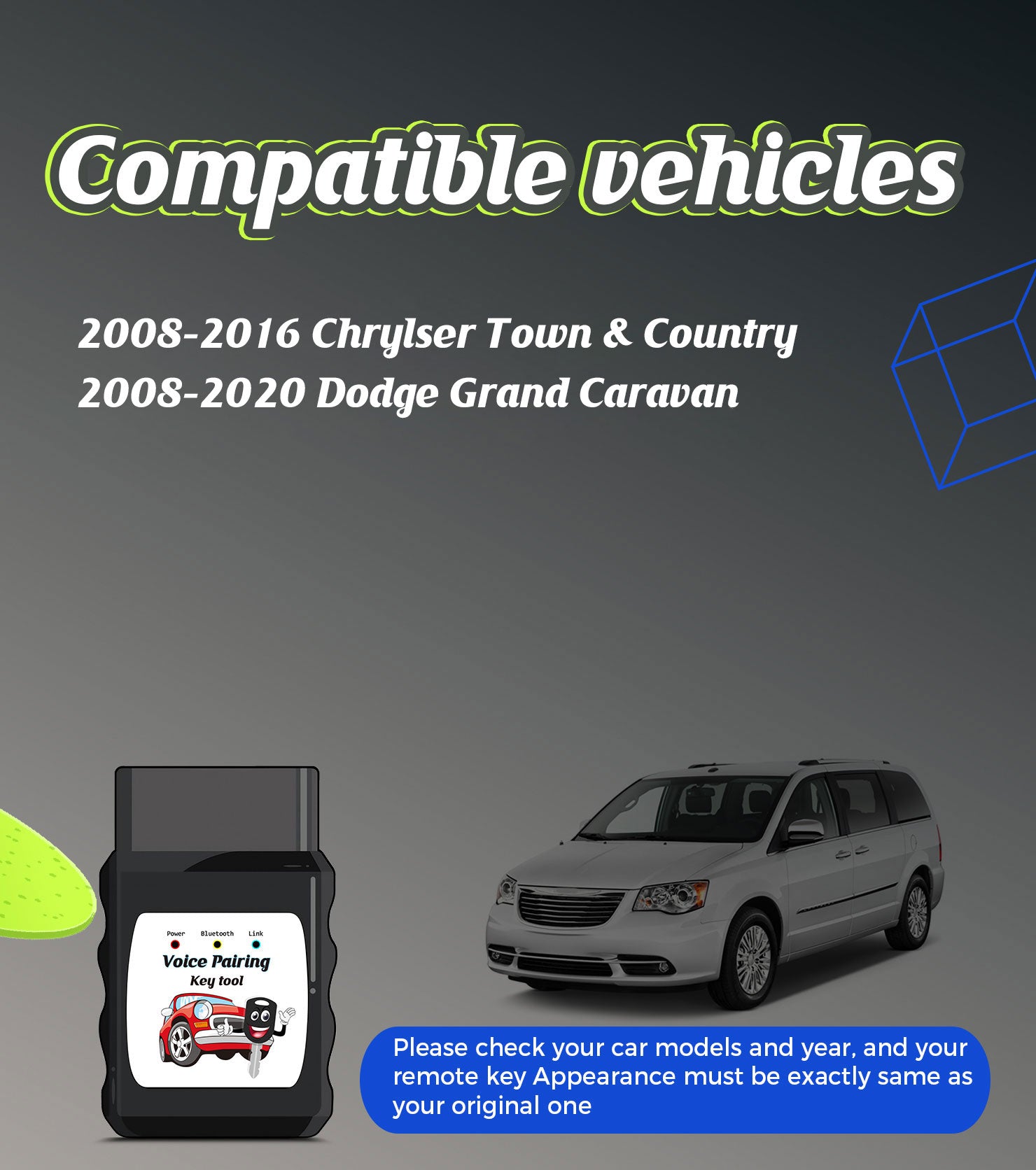 Car Key Fob Voice OBD Kit Replacement for 2008-2016 Chrylser Town & Country 2008-2020 Dodge Grand Caravan M3N5WY783X IYZ-C01C